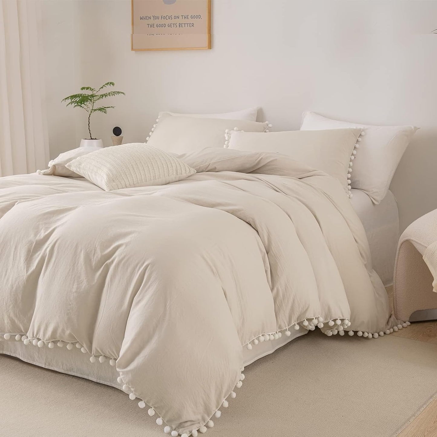 Beige Boho Comforter Set Pom Pom Comforter Queen Aesthetic Room Decor Cute Ball Fringe Farmhouse Bedding Set Queen Ultra Soft Microfiber Lightweight Comforter Set(Beige,Queen)