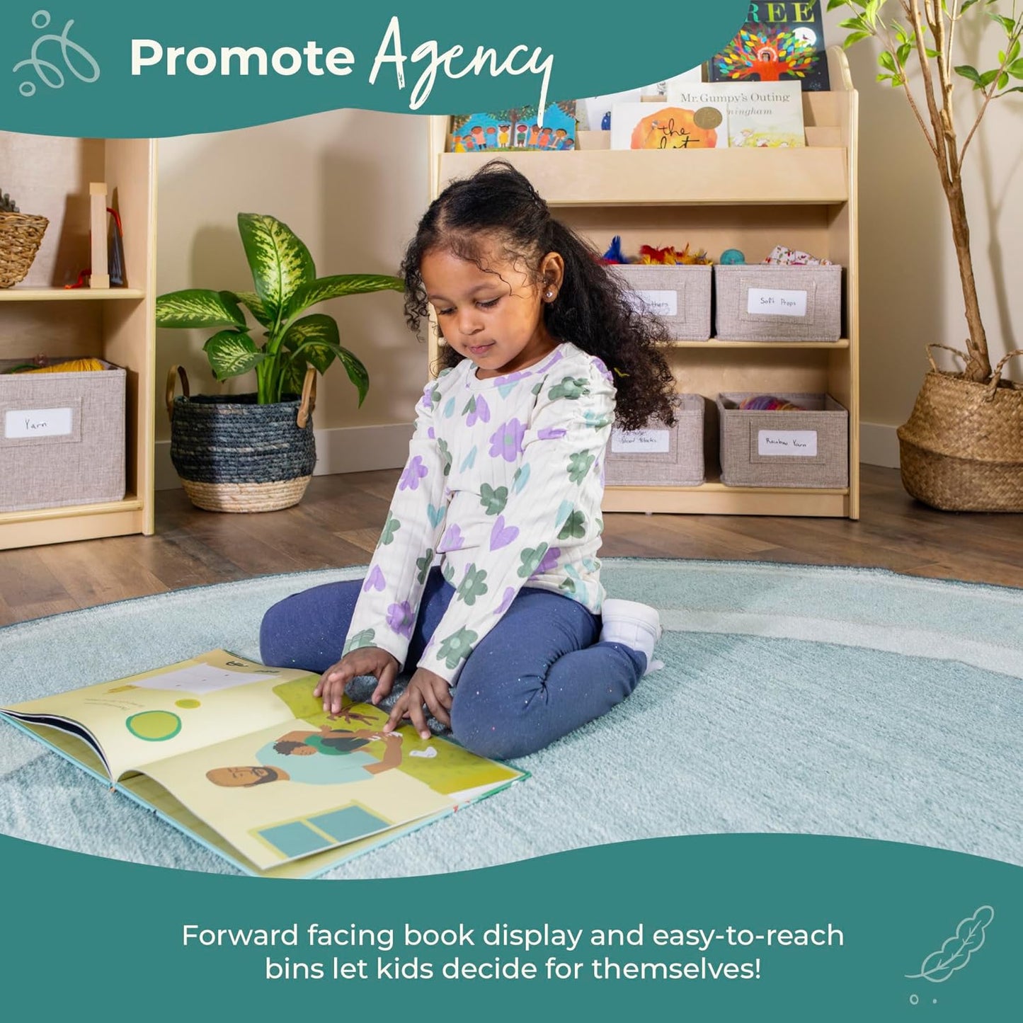 Edq Book and Bin Browser Natural: 6 Fabric Storage Bins, Book Display and Toy Storage Organizer for Kids; School Supply Furniture