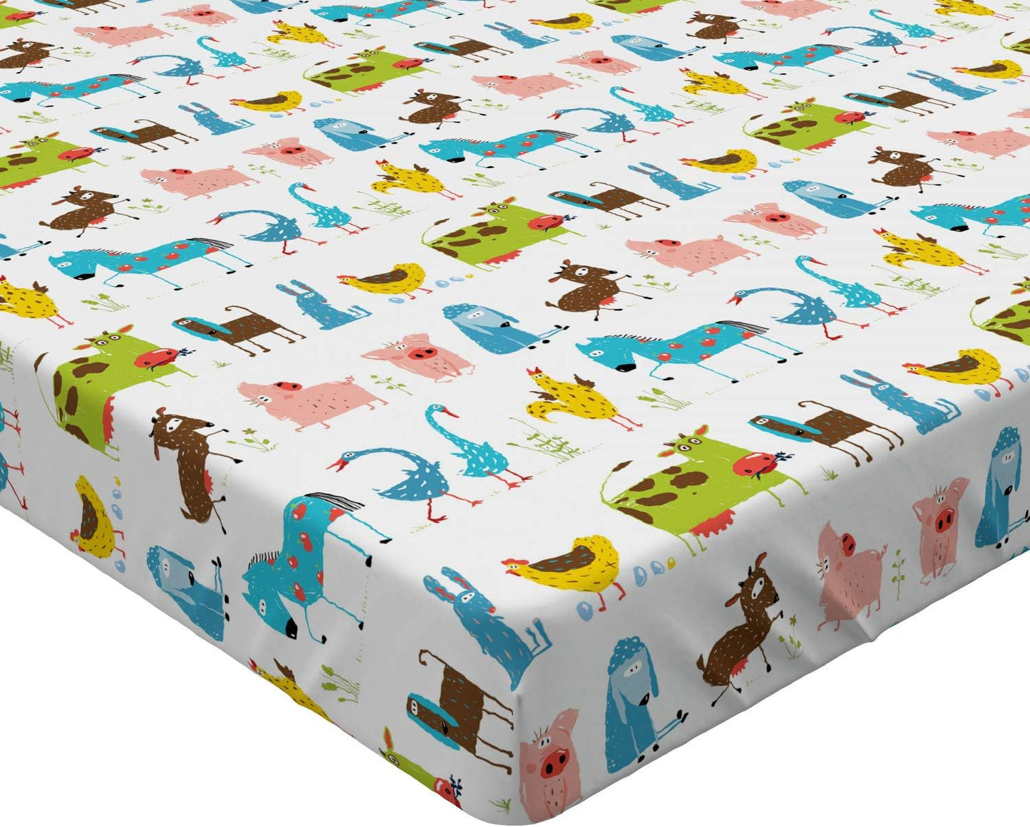 Animal Fitted Sheet, Domestic Farm Animals Horse Pig Cow Sheep and Hen Agriculture Cartoon Doodle Design, Soft Decorative Fabric Bedding All-Round Elastic Pocket, Twin Size, Blue Green