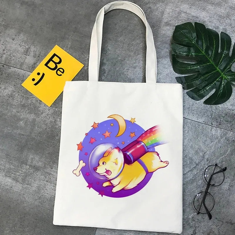 Corgi Dog Cartoon Funny Shopping Bag Graphic Tote Handbag Harajuku Shopper Bag for Women Eco Large-Capacity Female Shoulder Bag