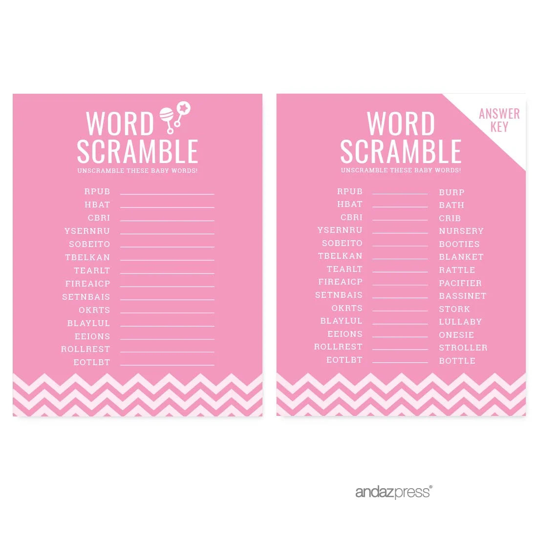 Word Scramble Bubblegum Pink Chevron Baby Shower Games, 20-Pack