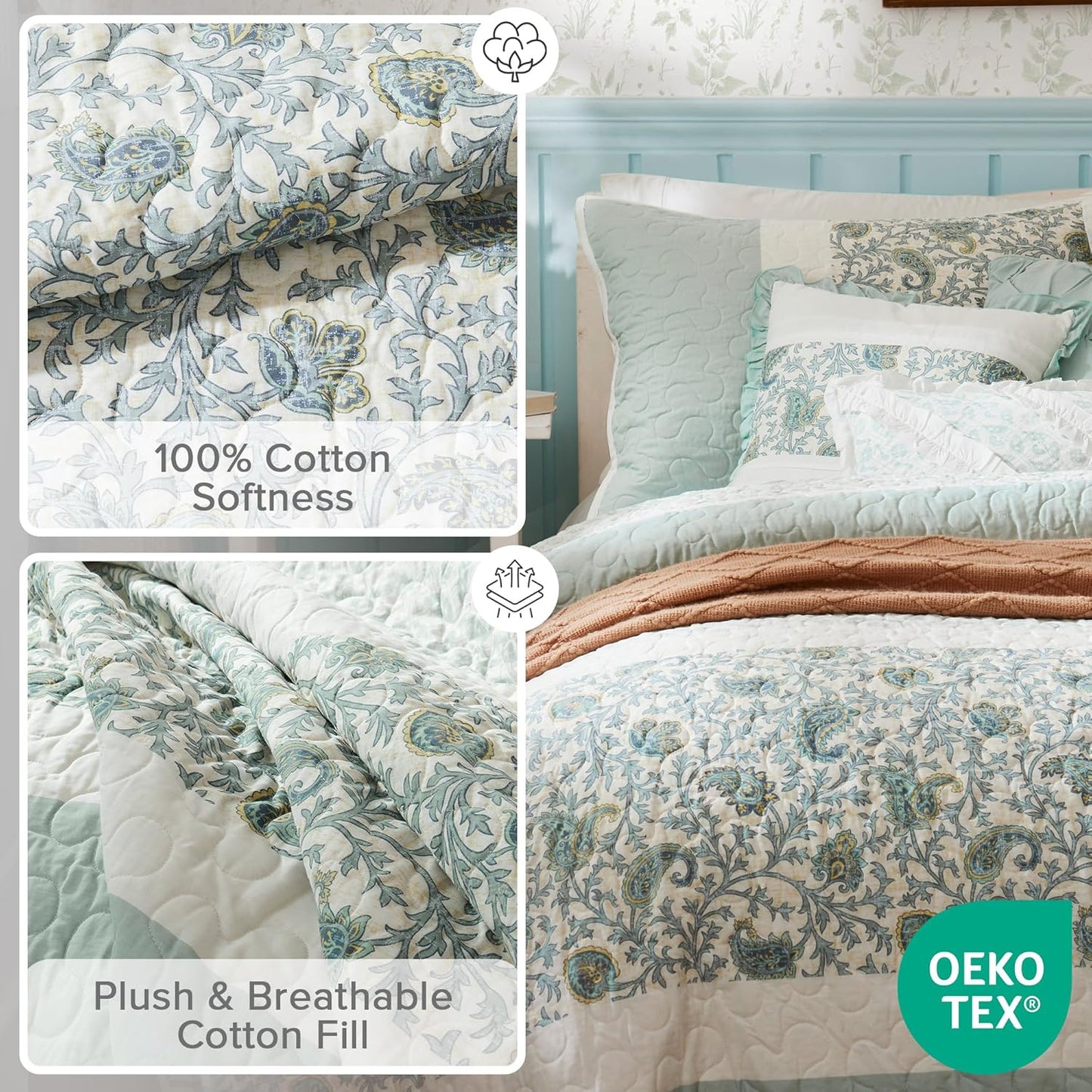 100% Cotton Quilt Set Floral Print, Double Sided Stitching, All Season, Lightweight Coverlet Shabby Chic Bedding Layer, Matching Shams, King/Cal King, Light Teal 6 Piece , Aqua