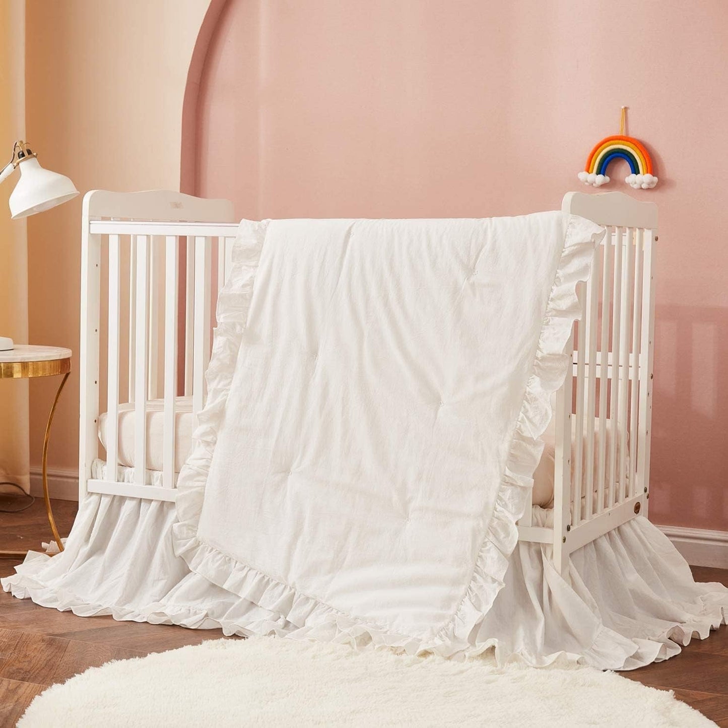 Farmhouse Crib Bedding Sets for Girls and Boys | 3 Piece Nursery Set White| Baby Comforter, Fitted Crib Sheet, Crib Skirt Included,100% Washed Cotton