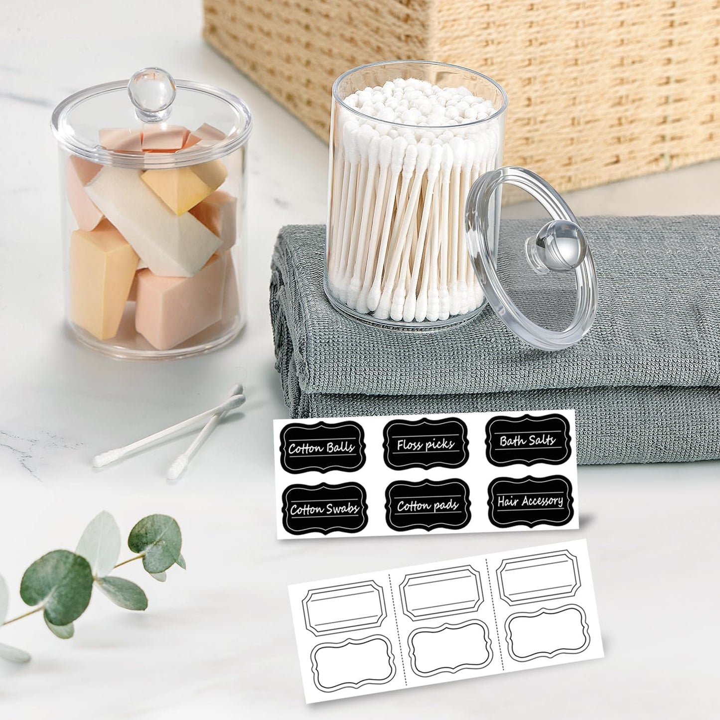 Bathroom Vanity Storage Organizer Canister Holder Apothecary Jars Set for Qtips,Cotton Balls,Swabs,Rounds,Makeup Sponges,Bath Salts,Premium Plastic Acrylic, Clear | 12Oz.And 15Oz.