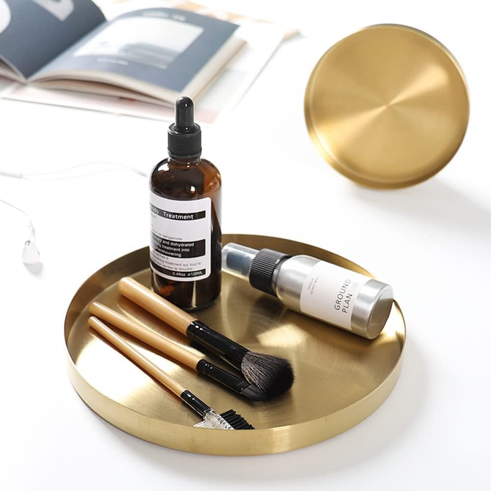 round Serving Tray, Perfume Organizer Candle Organization Centerpieces for Dinning Preppy Room Decor Coffee Table Desk Vanity Countertop Bathroom Storage Accessories, Brass Gold, 8 Inch