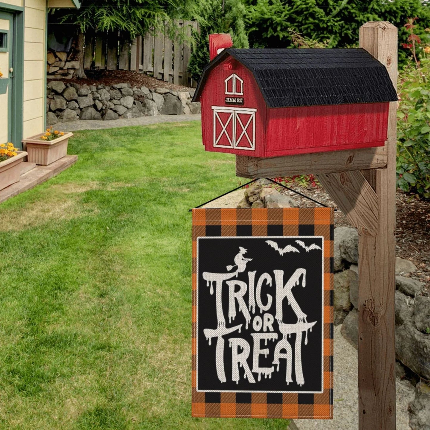 Halloween Garden Flag Trick or Treat Garden Flag Farmhouse Bat Witch Flag for Fall Halloween Decorations Outdoor 12"X18"