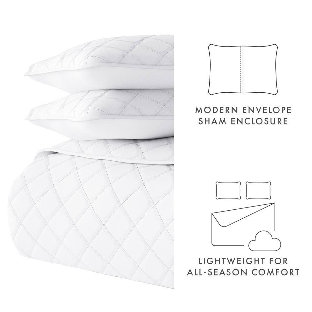 All Season 3-Piece White Diamond Stitch Microfiber Quilt Set, King/Calking