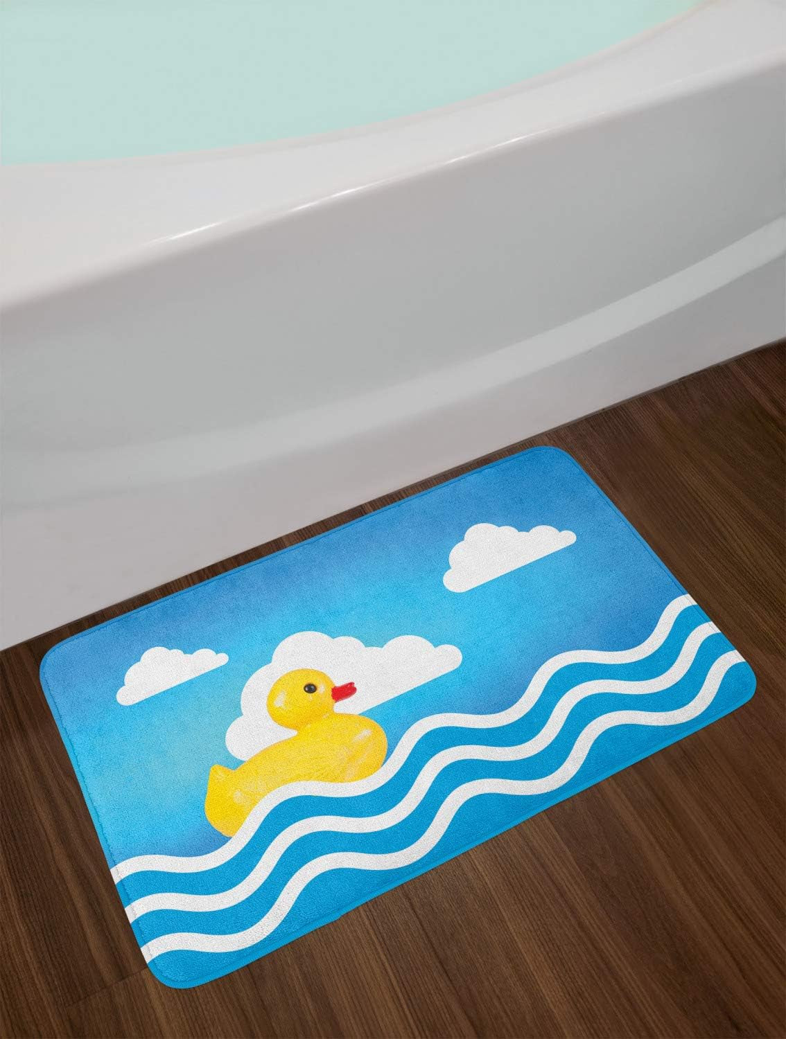 Rubber Duck Bath Mat, Yellow Childrens Toy on Wavy Water Inspired Stripes Clouds, Plush Bathroom Decor Mat with Non Slip Backing, 30.2" X 20", White Yellow