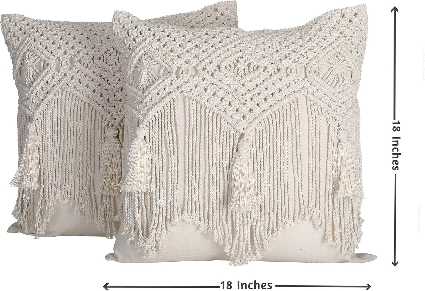 Boho Throw Pillow Covers 18X18, Macrame Decorative Pillow Covers, Modern Farmhouse Bohemian Pillowcases for Bed, Couch or Sofa, Set of 2 Farmhouse Pillow Covers with Tassels, Natural White