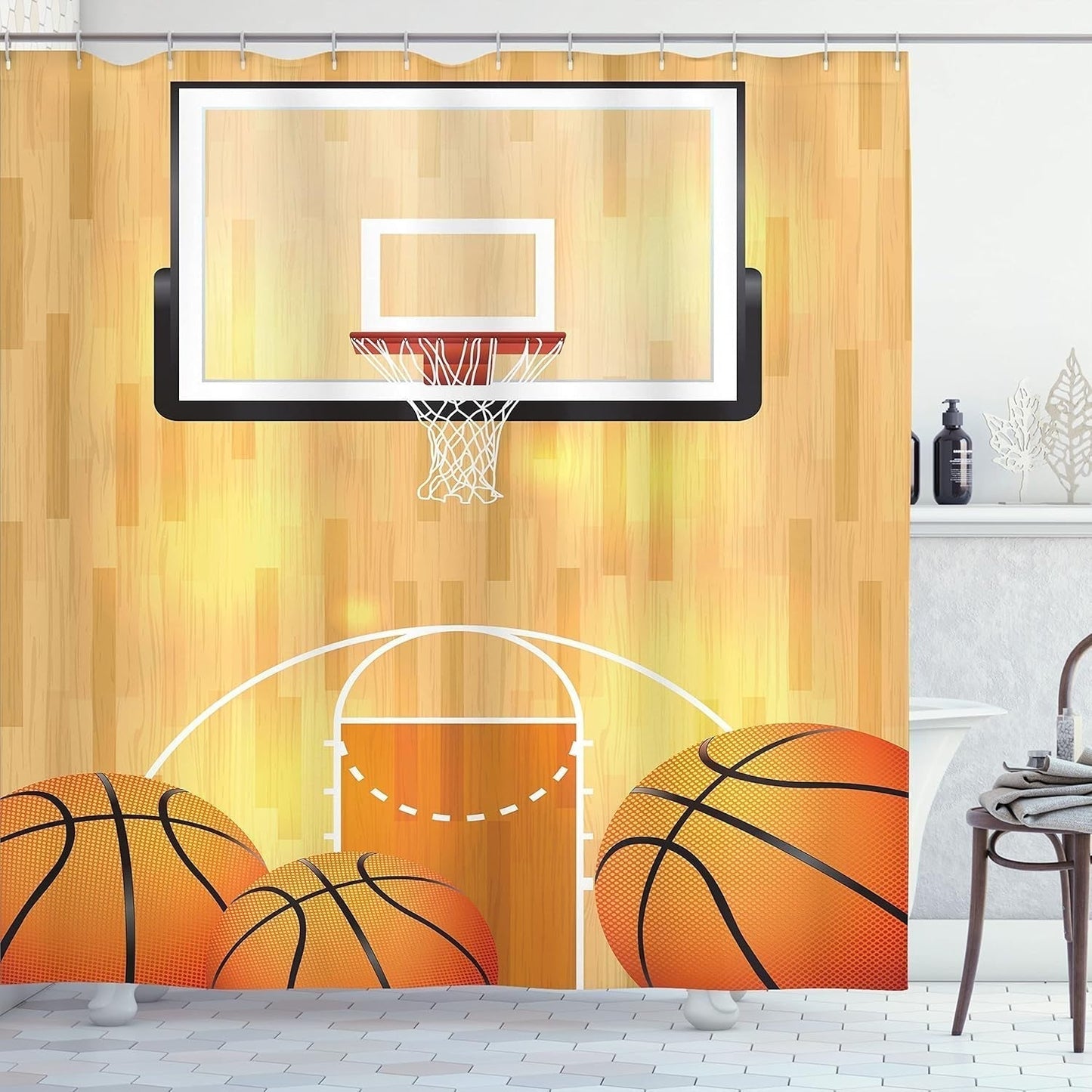 Sports Shower Curtain, Vivid Basketball Court Balls and Hoop Madness Rim Court Parquet Hardwood, Cloth Fabric Bathroom Decor Set with Hooks, 69" W X 75" L, White Orange