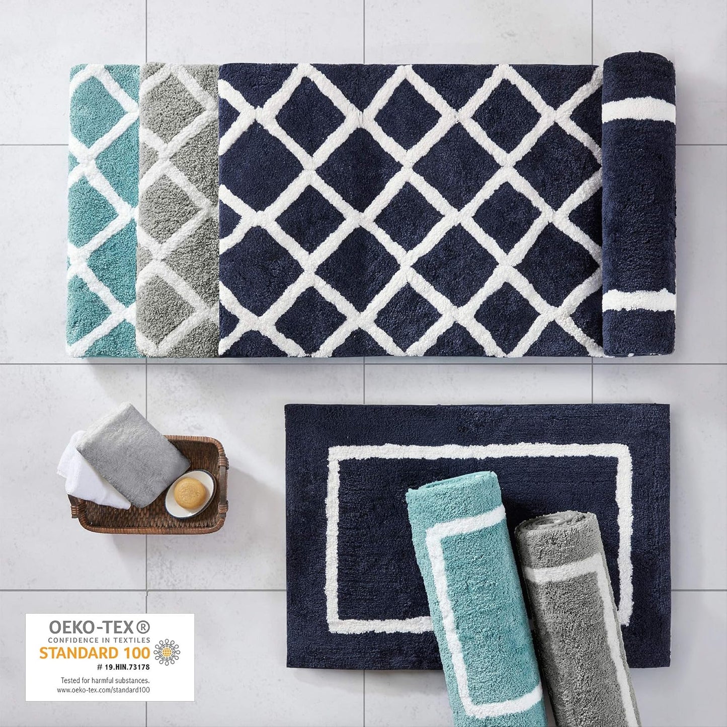Bittman Reversible Bathroom Rug - High Pile Luxrurious Tufted Plush Bath Mat Absorbent, Quick Dry, Geometric Design Shower Room Décor, 24X60, Grey