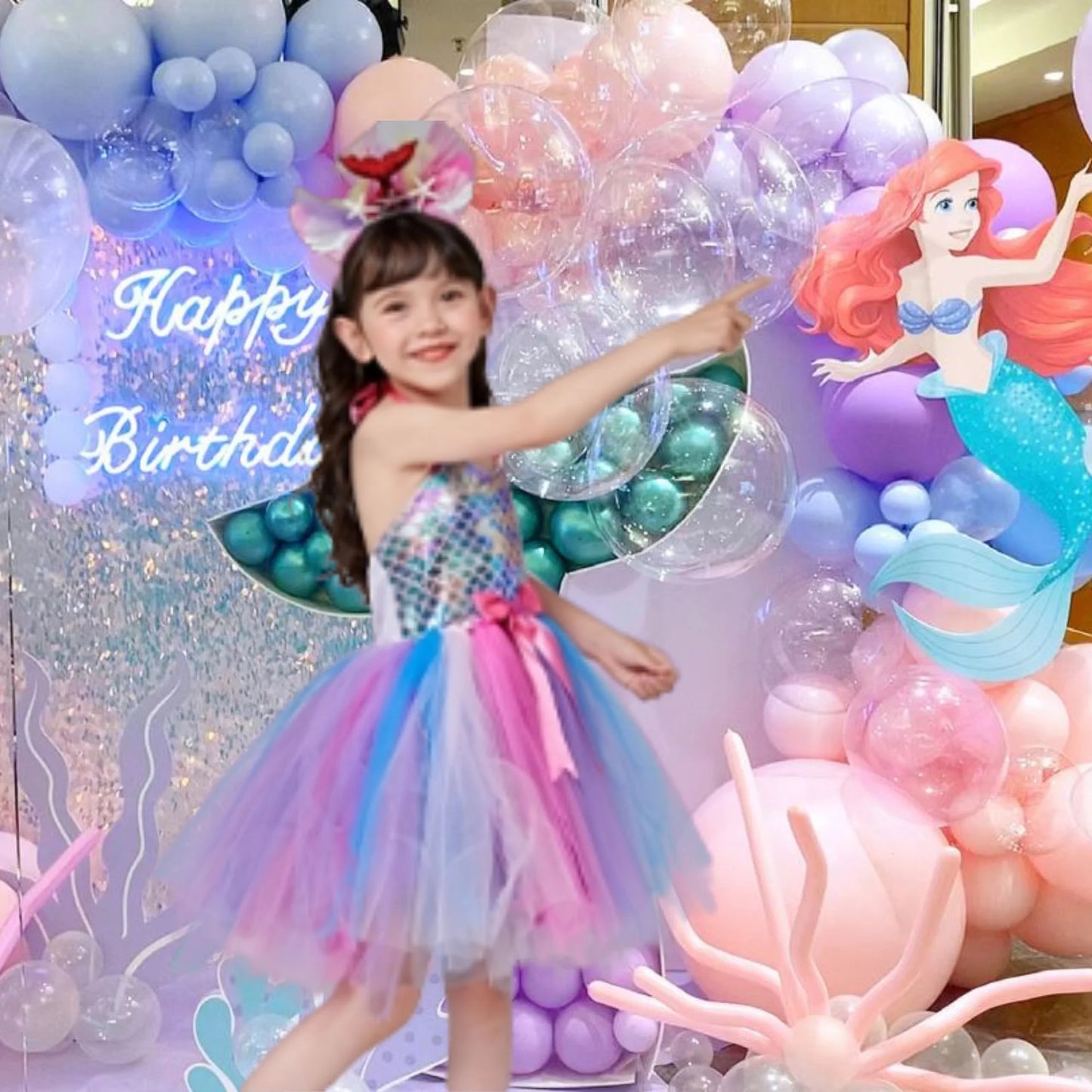 Little Girls Sequin Ariel Mermaid Princess Cosplay Dress Birthday Party Halloween Cosplay Costumes with Hairband 6-7 Years