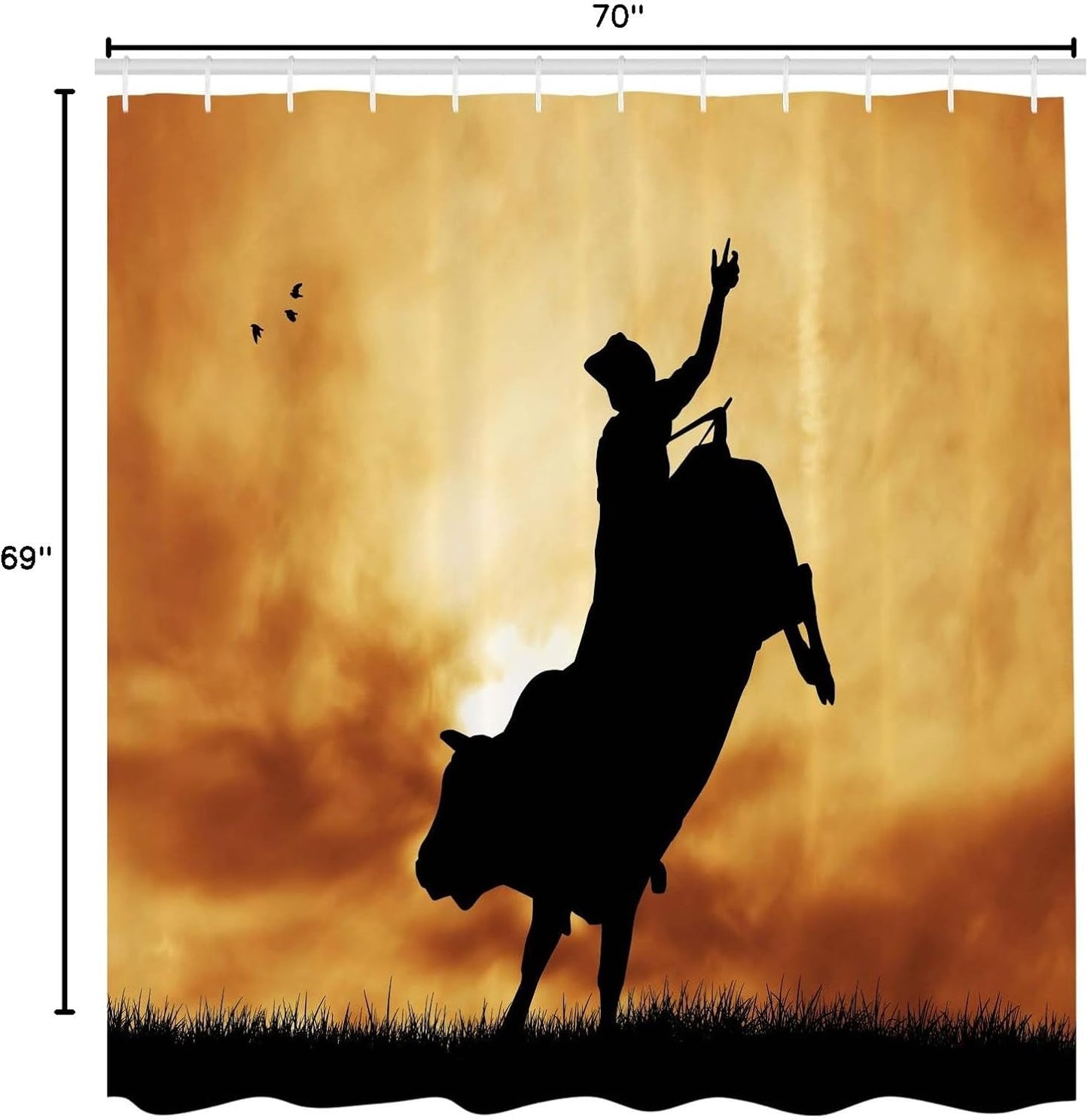 Western Shower Curtain, Bull Rider Silhouette at Sunset Dramatic Sky Rural Countryside Landscape Rodeo, Cloth Fabric Bathroom Decor Set with Hooks, 69" W X 70" L, Amber Black