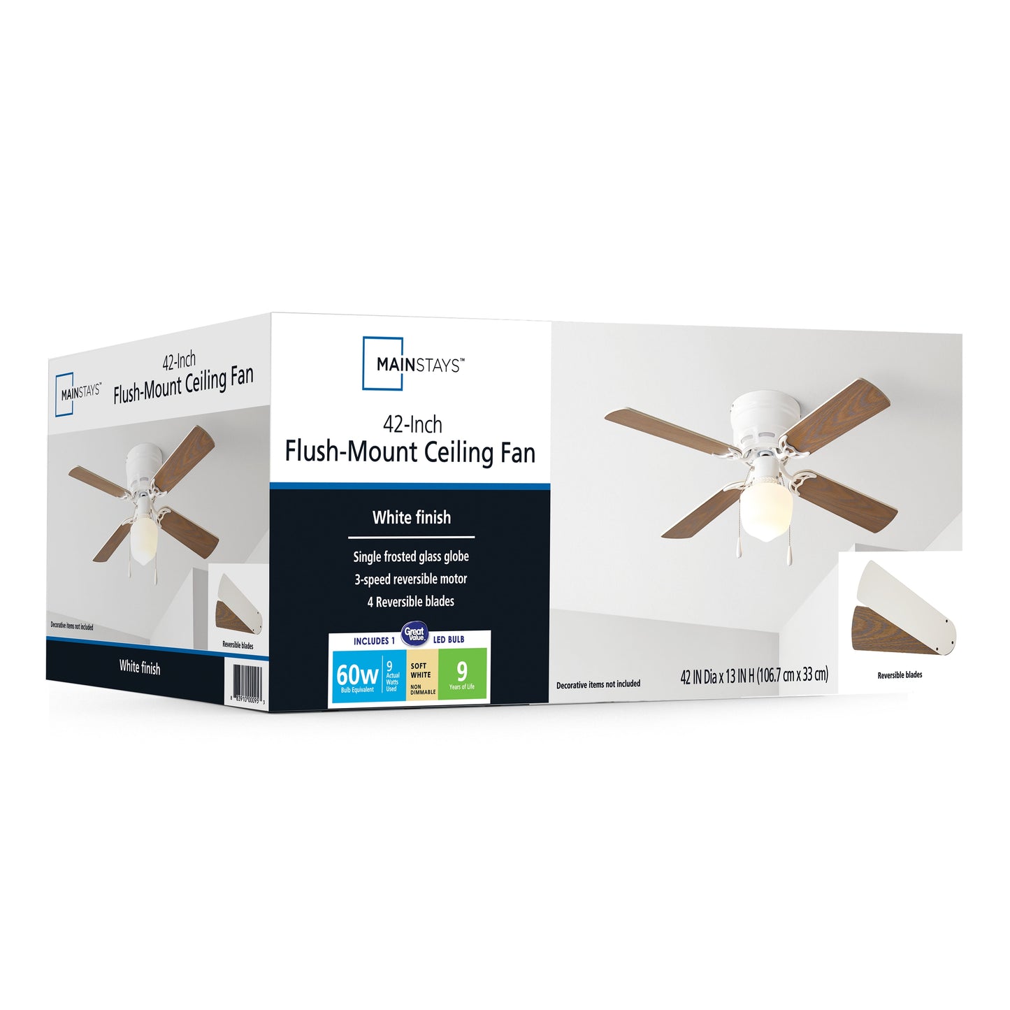 42 Inch Hugger Metal Indoor Ceiling Fan with Light, White, 4 Blades, LED Bulb, Reverse Airflow