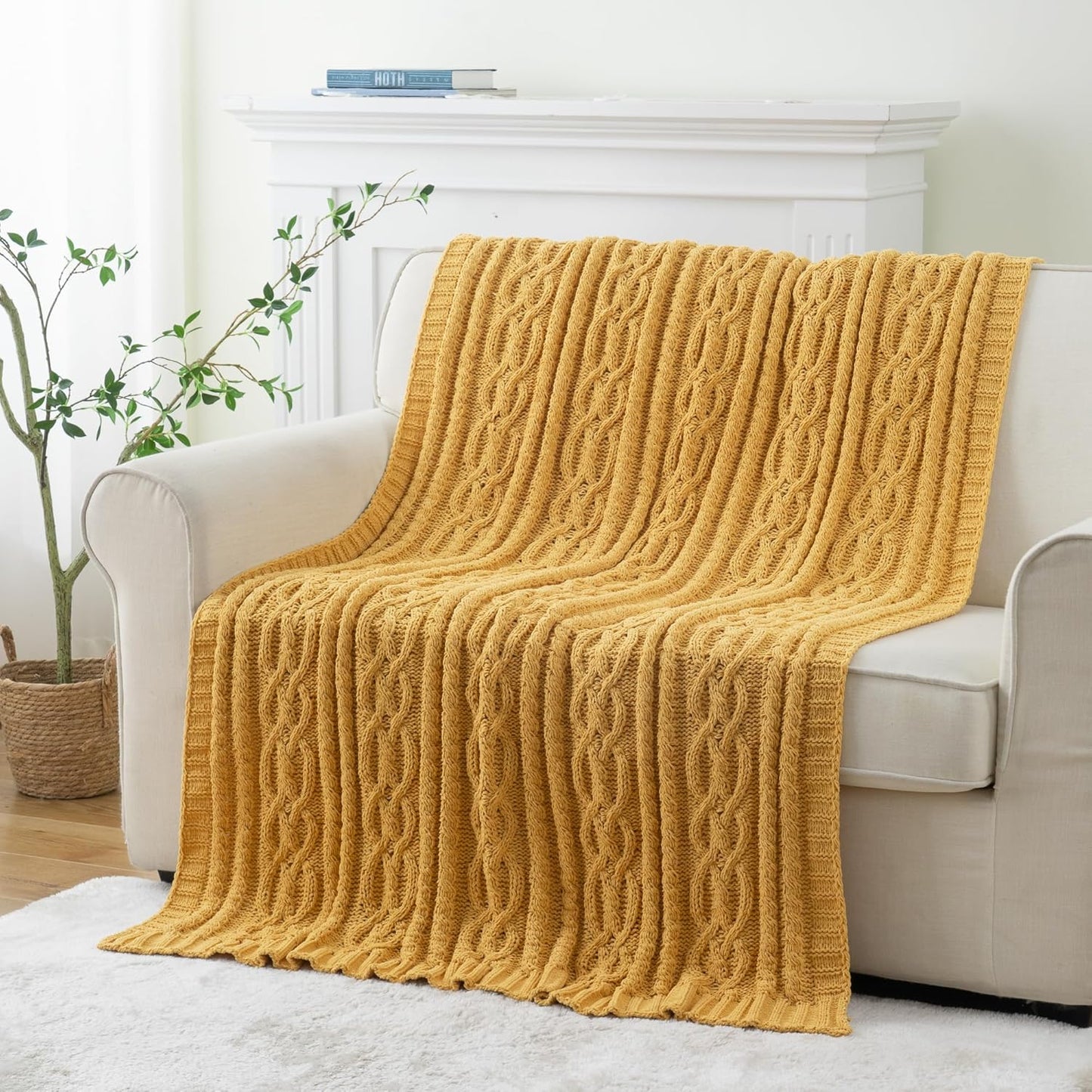 Mustard Yellow 51"X67" Chenille Throw Blanket for Couch, Sofa, Bed, All Seasons, Soft, Warm, Cozy