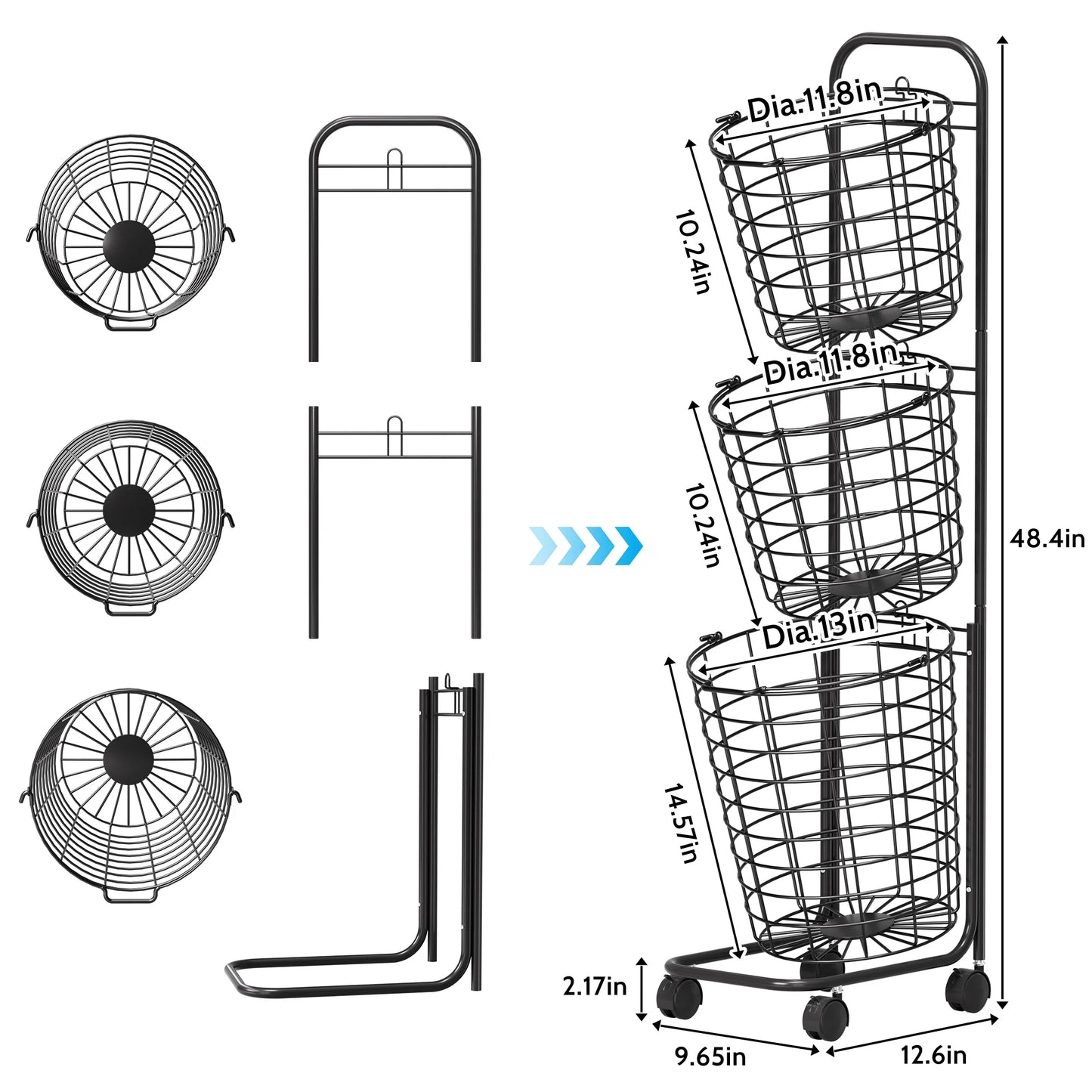 Removable 3 Tier Metal Rolling Laundry Basket Cart,Large Capacity Wire Basket Laundry Hamper with Wheels, Laundry Butler for Bathroom Bedroom Laundry Room, Black