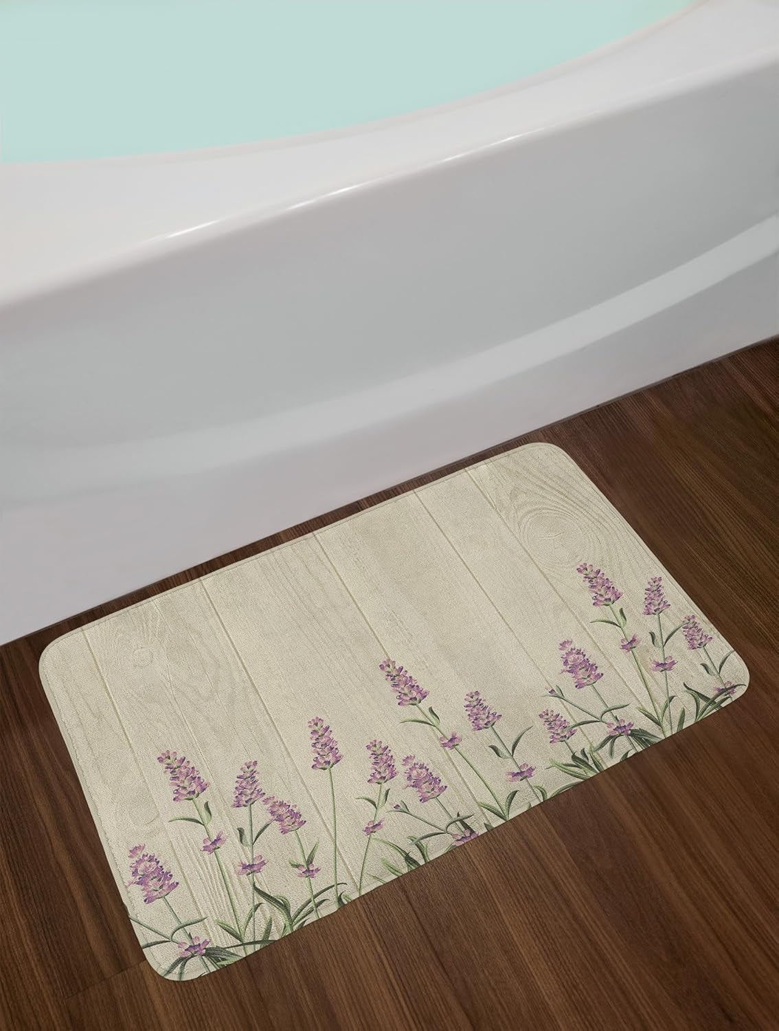 Lavender Bath Mat, Aromatic Herbs on Wooden Planks Springtime Nature Botany Illustration, Plush Bathroom Decor Mat with Non Slip Backing, 30.2" X 20", Lilac Pale Sage Green