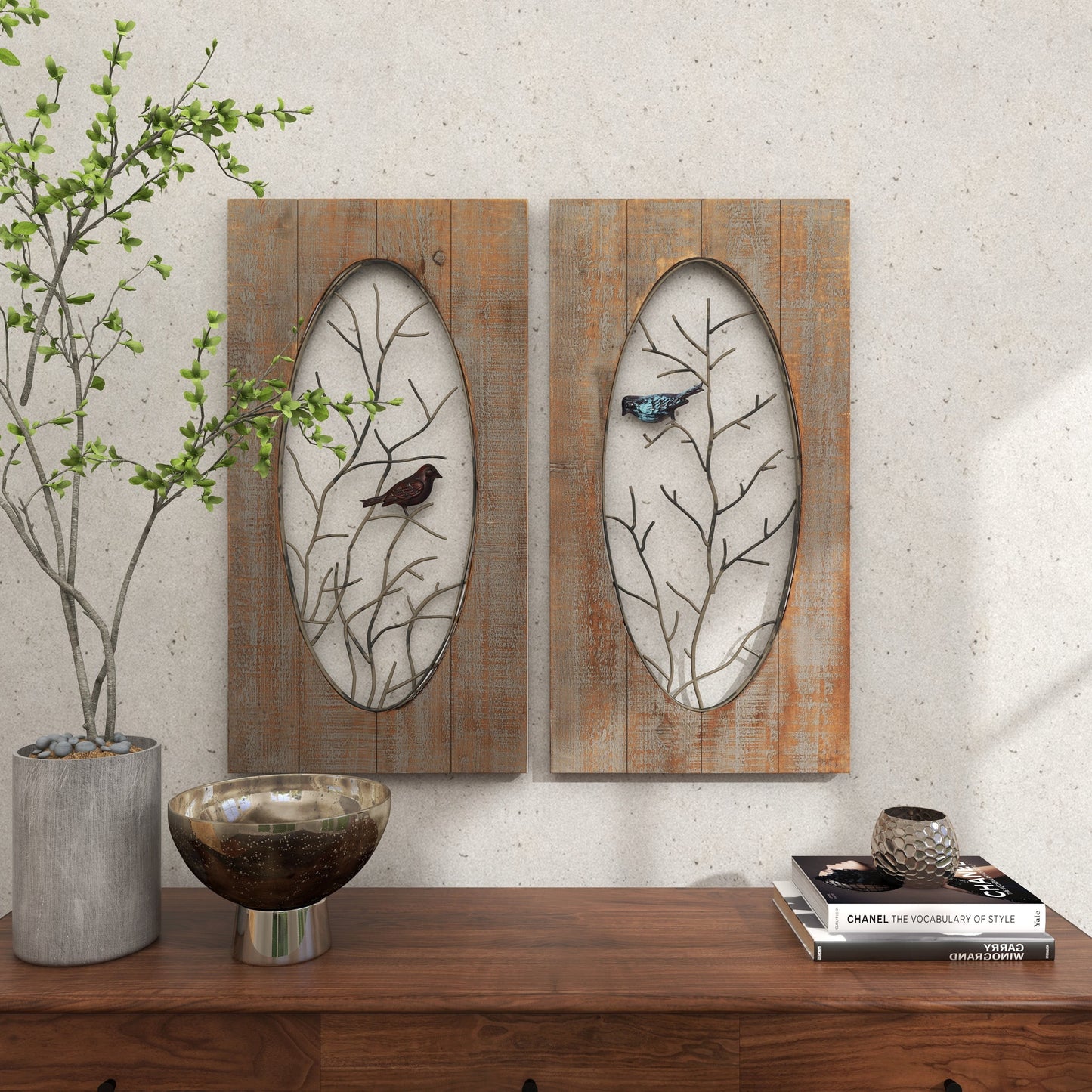 Brown Wood Bird Wall Decor with Tree Branches (2 Count)