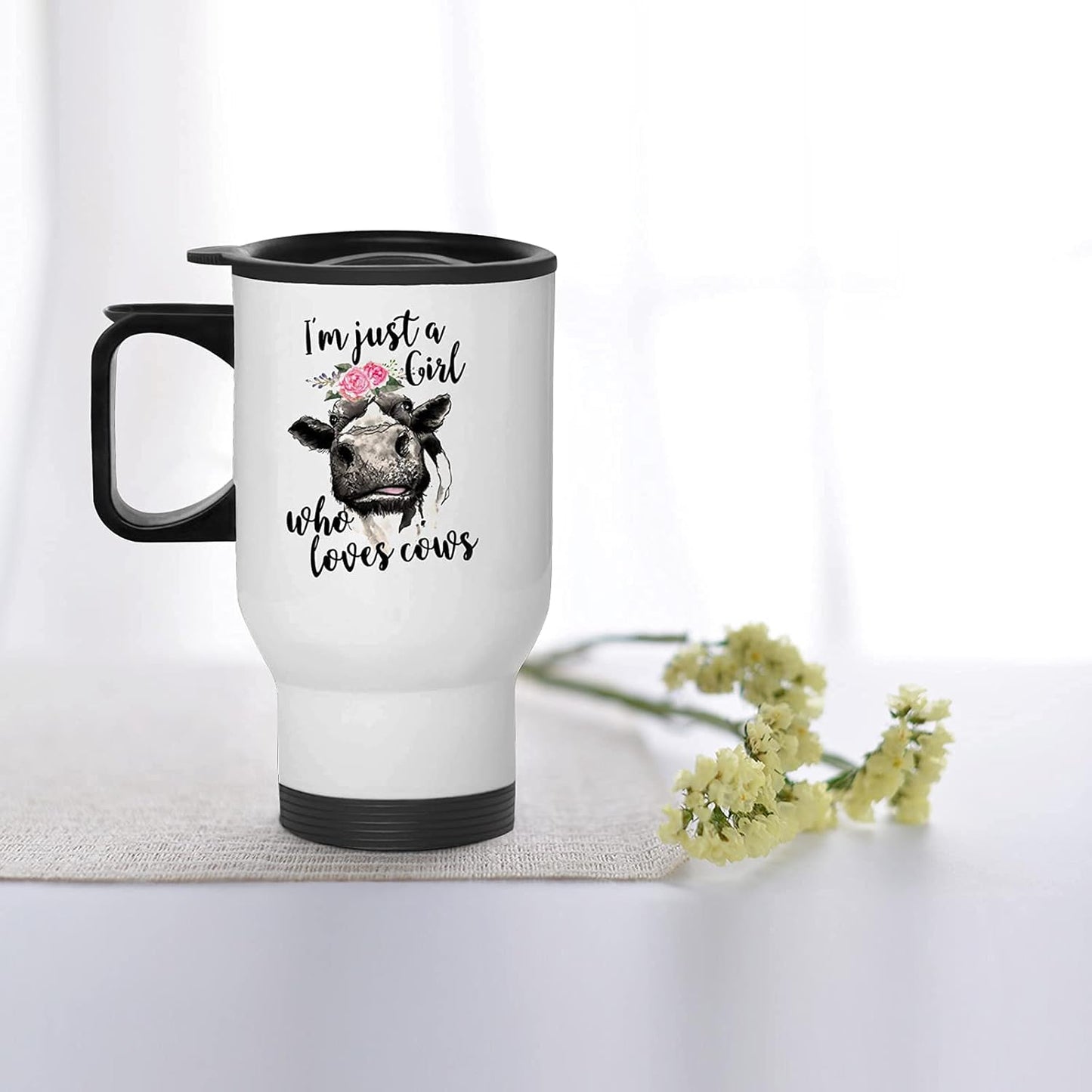 Valentines I M Just a Girl Who Loves Cows Flower Women Stuff 13.5Oz Print Cup Cow Gifts for Women Stainless Steel Tumbler Kitchen Decor - Gift Idea for Cow Lovers Stuff Farm Animal