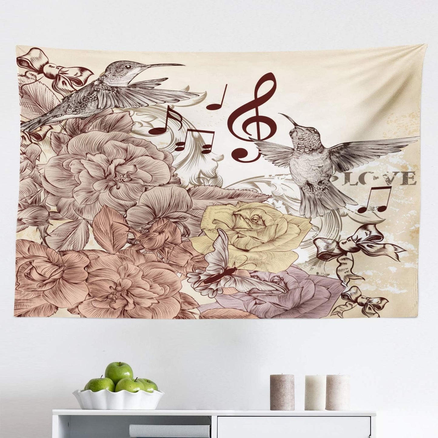 Hummingbirds Tapestry, Flourishes and Birds Butterfly Rose Blossoms Leaves Nostalgia Classic, Fabric Wall Hanging Decor for Bedroom Living Room Dorm, 45" X 30", Brown Cream Yellow