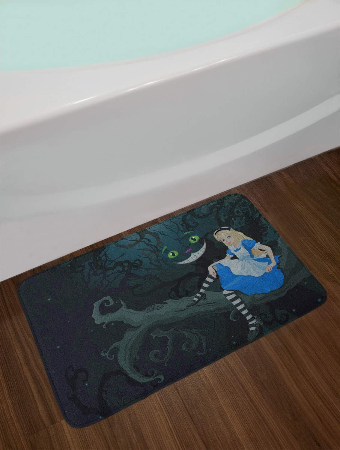 Alice in Wonderland Bath Mat, Alice Sitting on Branch and Chescire Cat in Darkness Cartoon Style, Plush Bathroom Decor Mat with Non Slip Backing, 30.2" X 20", Dark Petrol Blue
