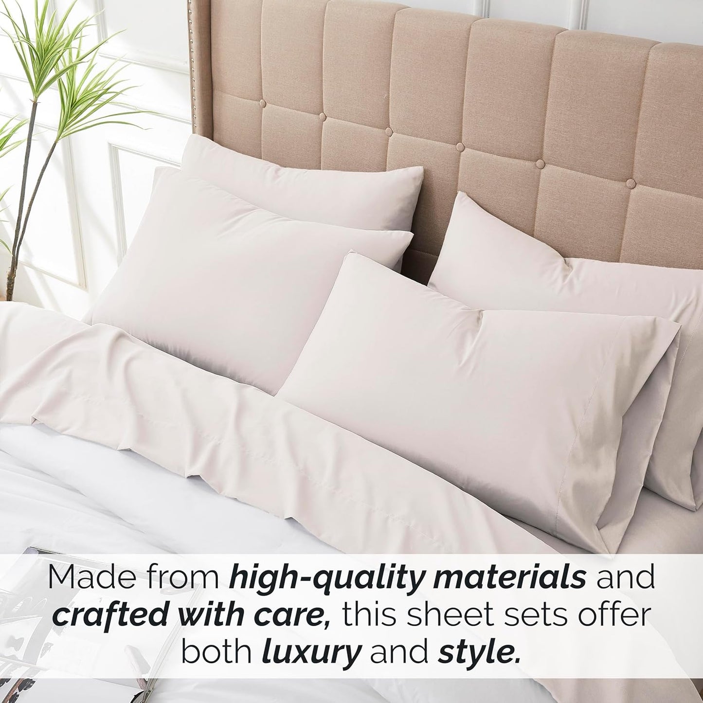 Premium Collection, 6-Piece, Deep Pocket Sheet Set, Easy Care, Shrinkage Free Sheet Set with 1 Flat Sheet, 1 Fitted Sheet, 4 Pillowcases, Bone, Full