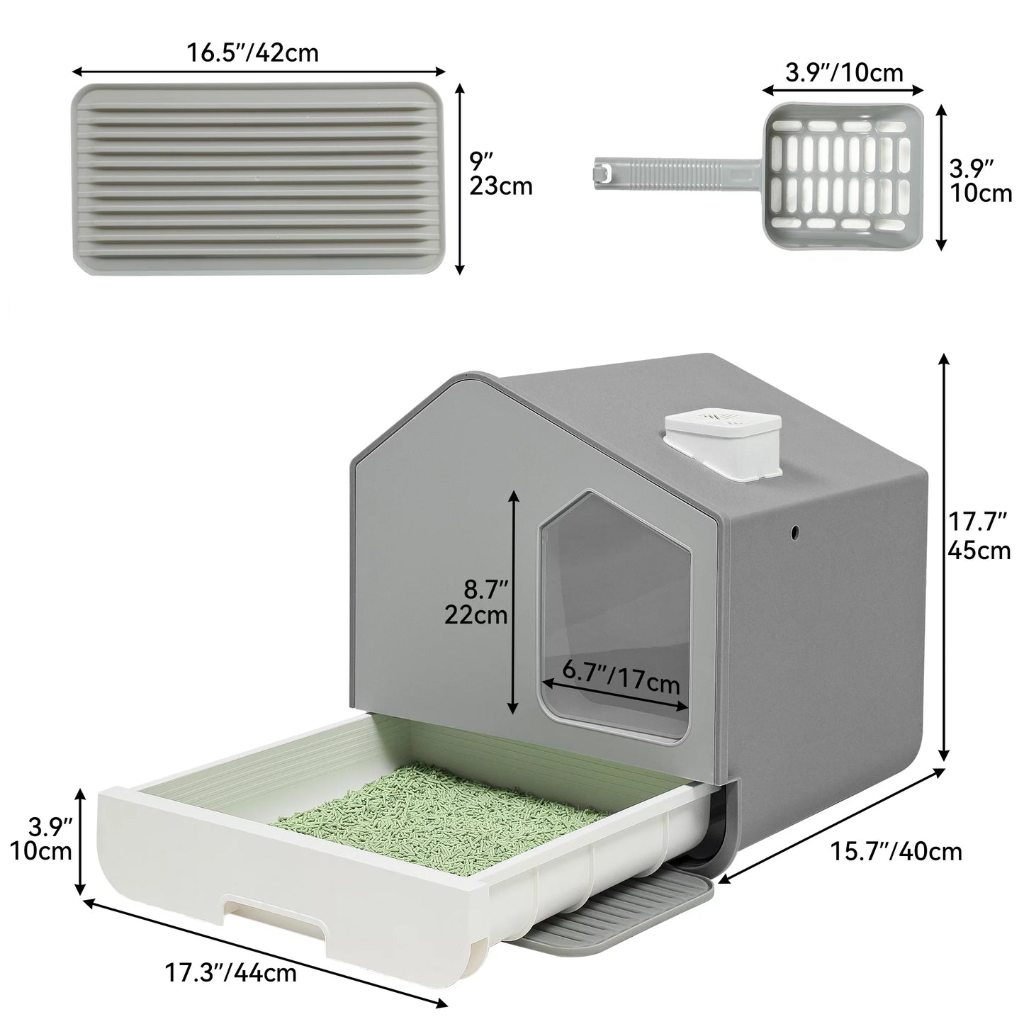 Extra Large Enclosed Cat Litter Box with Mat and Scoop,Odor-Free Enclosed Hooded Large Cat Toilet, No Assembly Required and Easy Cleaning,Gray