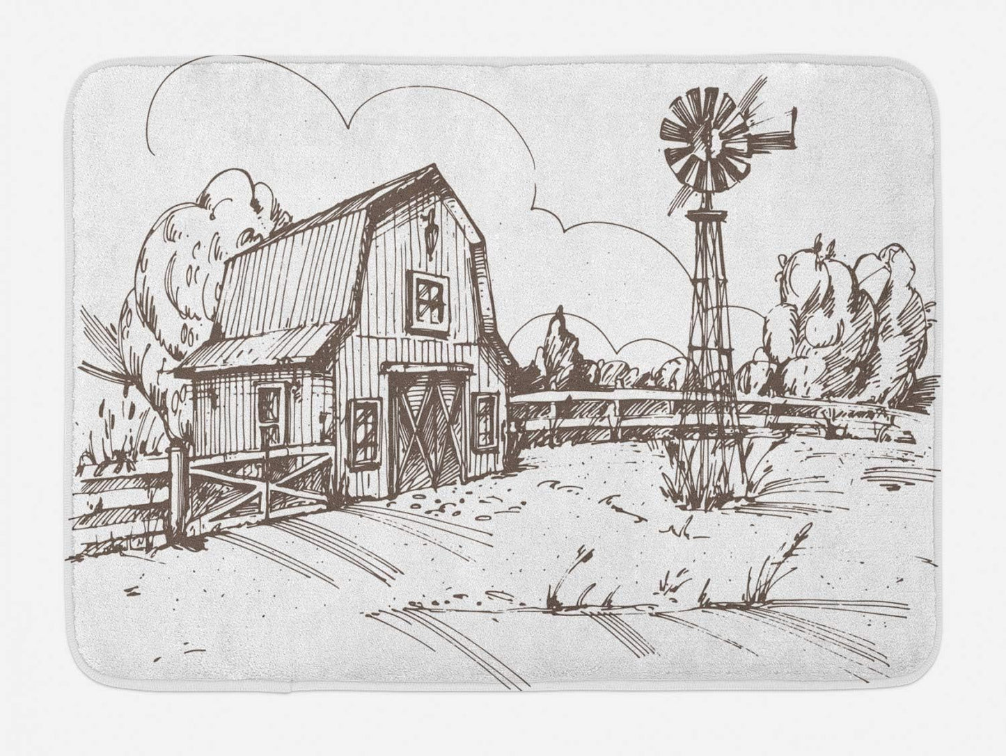 Windmill Bath Mat, Rustic Barn Farmhouse Hand Drawn Illustration Countryside Rural Meadow, Plush Bathroom Decor Mat with Non Slip Backing, 30.2" X 20", Dark Brown and White
