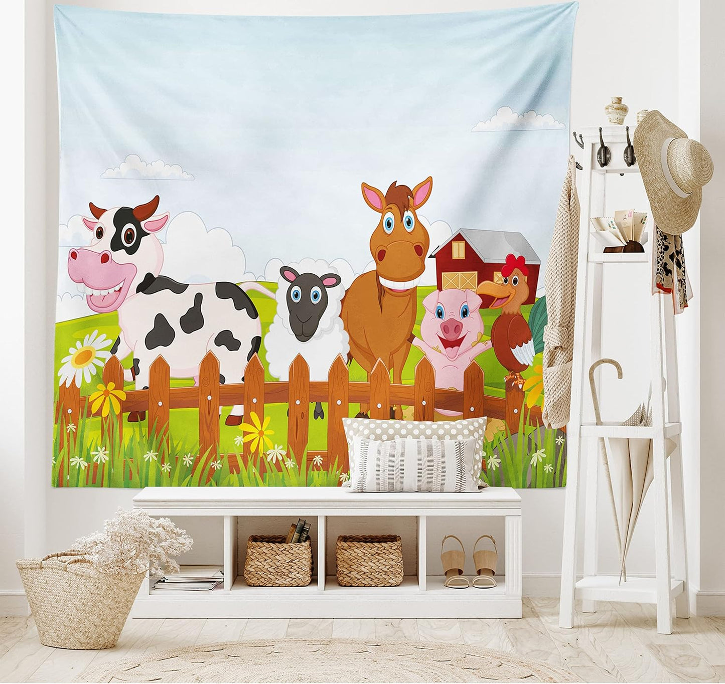 Animal Tapestry King Size, Farm Creatures Cow Horse Goat Pig and Chicken by the Fences Cartoon, Wall Hanging Bedspread Bed Cover Wall Decor, King Size, Pale Brown