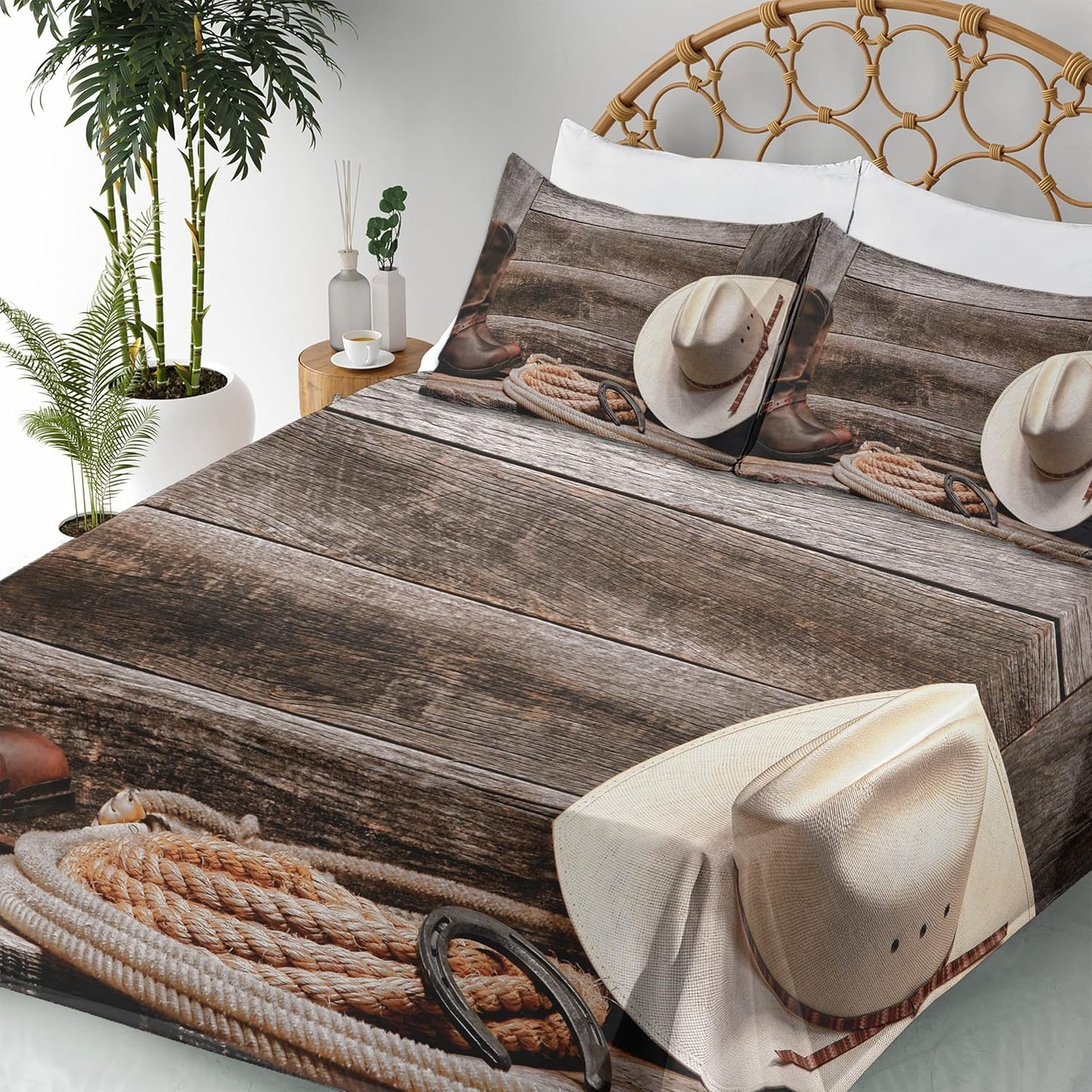 Western Sheet Set, American West Rodeo Traditional Straw Cowboy Hat Leather Boots Print, Fitted and Flat Sheet with Pillowcases Bedding Accent 4 Piece Set, Queen, Tan and Brown
