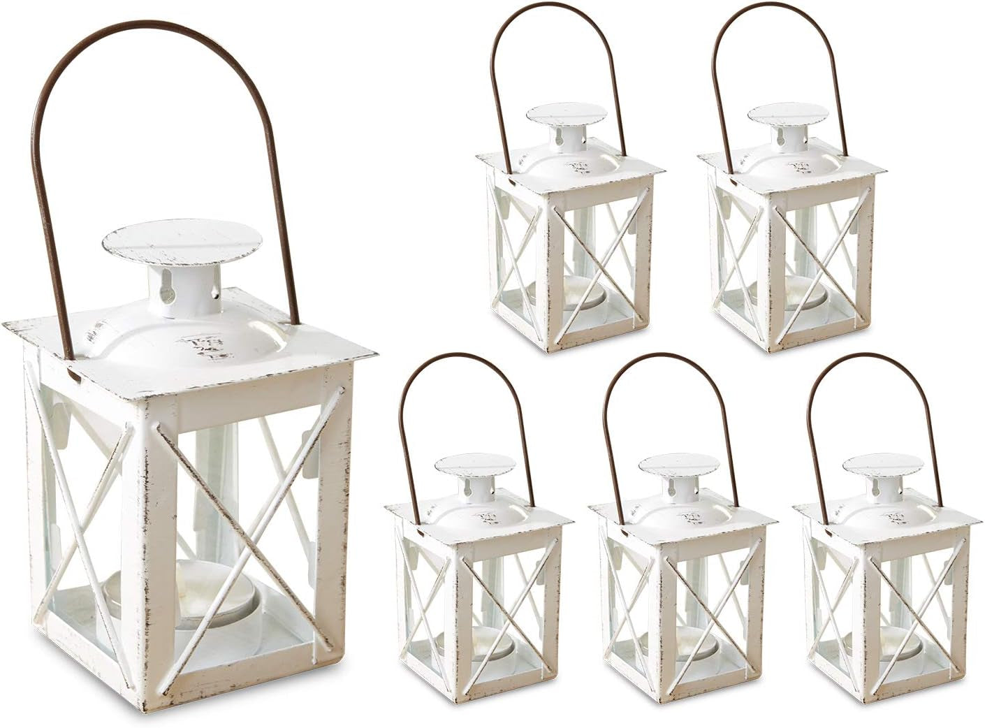 Decorative Lanterns - Set of 6 - Luminous Distressed Metal Lantern Candle Holders for Wedding, Home Decor and Party - 4.5" H (6.5" H with Handle) – White