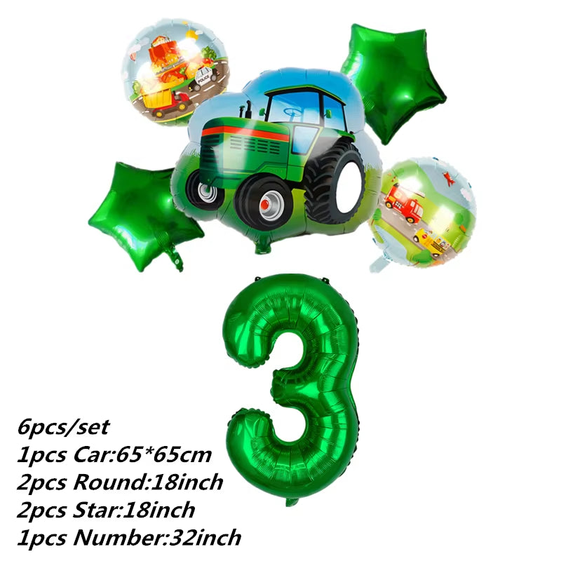 Farm Theme Green Tractor Inflatable Balloons Cake Topper Happy Birthday Party Decoration Kids Birthday Excavator Vehicle Banner