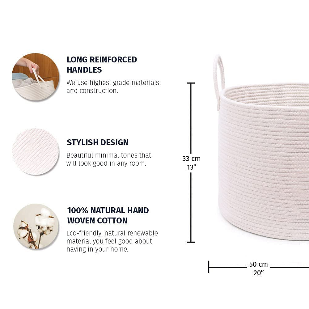 White Woven Baskets for Storage 20X13, Large Basket for Toys, Nursery Laundry Basket, Cotton Rope Basket with Handles, Towel Basket for Bathroom, Throw Blanket Basket for Living Room