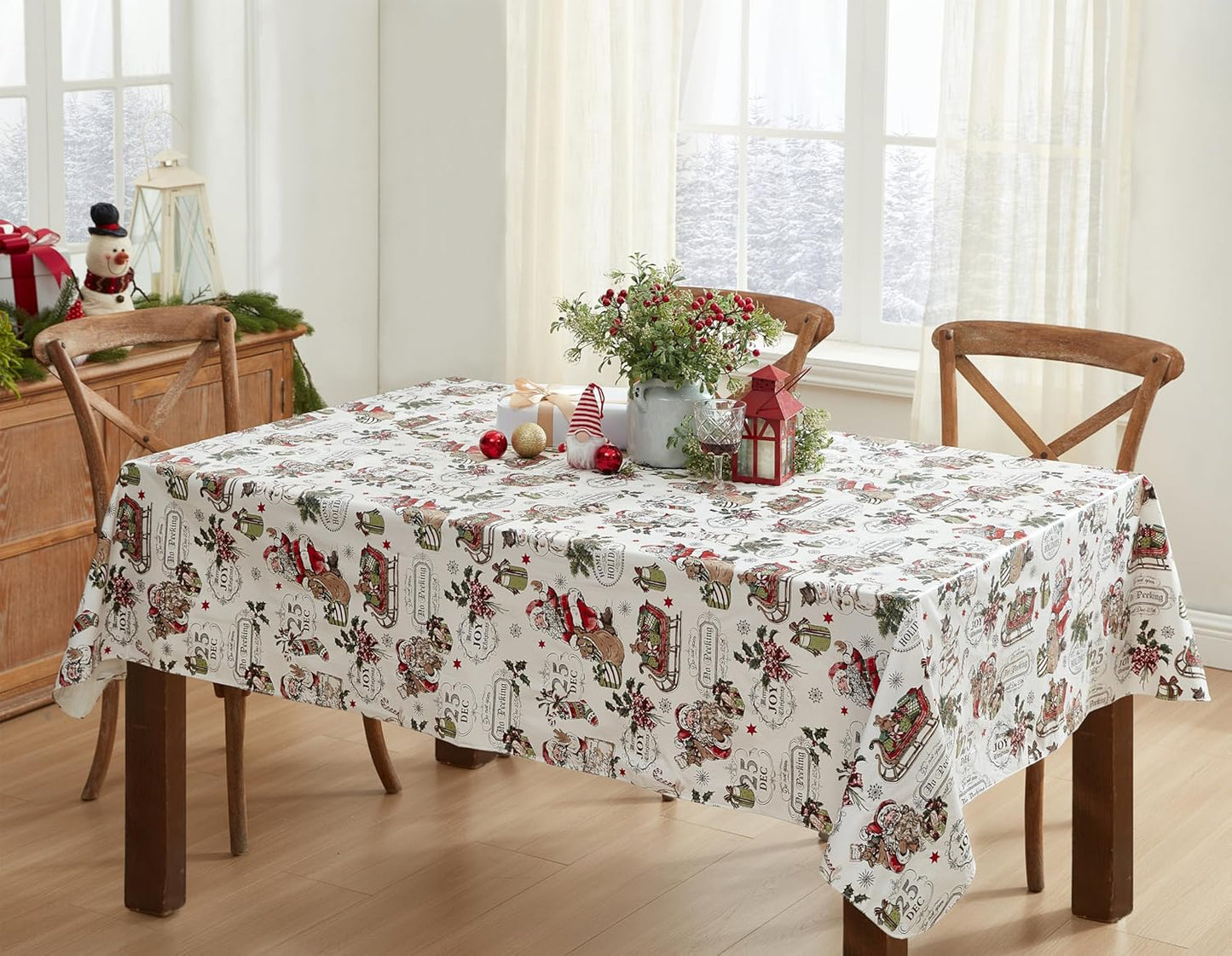 Vintage Nostalgia Home for Holidays Print Flannel Back Vinyl Christmas Tablecloth - Vintage Santa Claus, Snowman and Sleigh Xmas Wipe Clean Easy Care Tablecloth, 60” X 120” Oblong/Rectangle