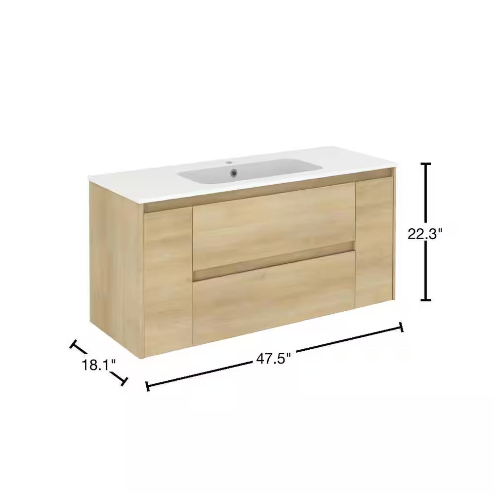Ambra 47.5 In. W X 18.1 In. D X 22.3 In. H Bathroom Vanity Unit in Nordic Oak with Vanity Top and Basin in White