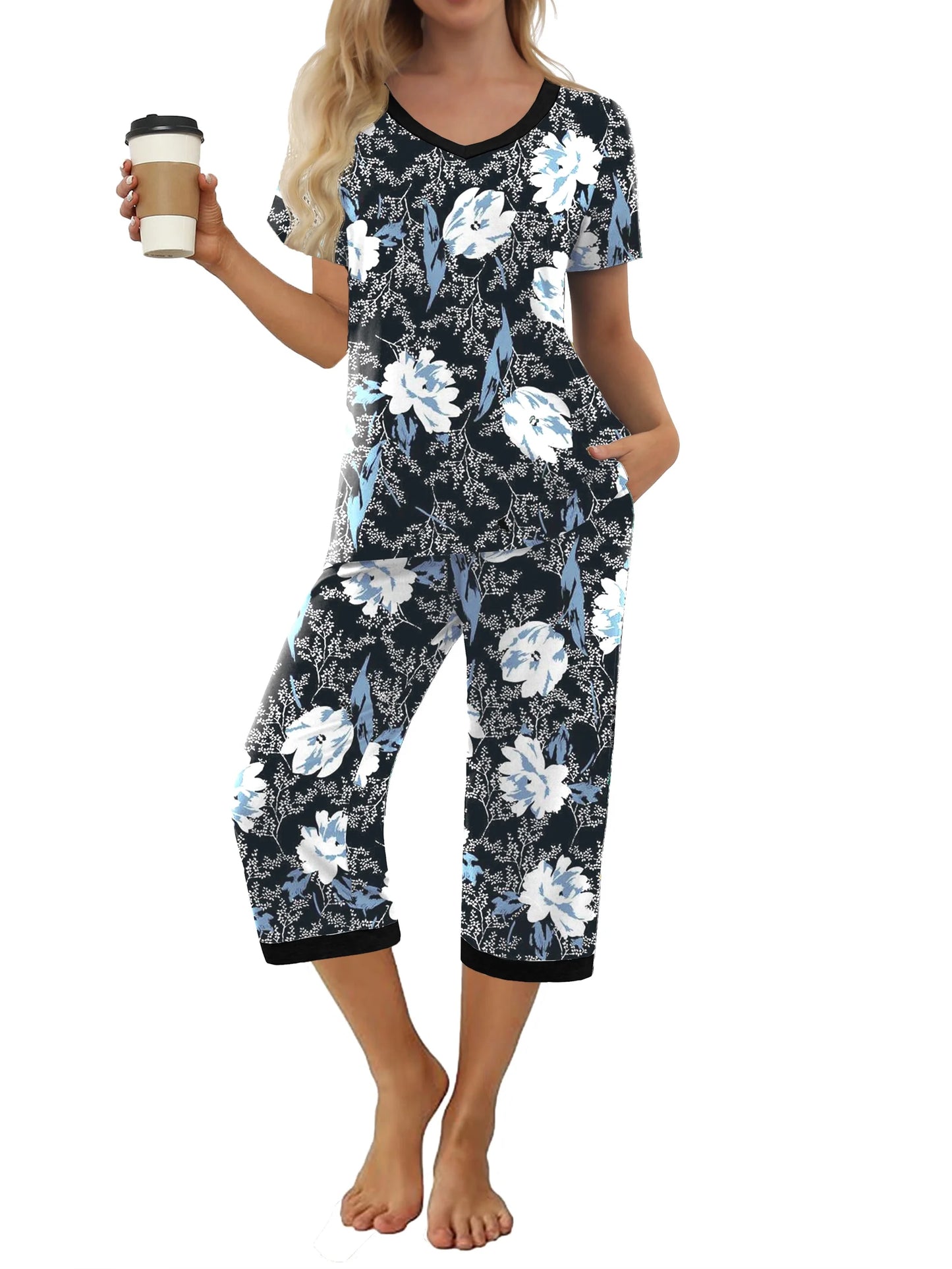 Women'S Pajama Sets Short Sleeve Shirt and Capri Soft Pajama Sets with Pockets