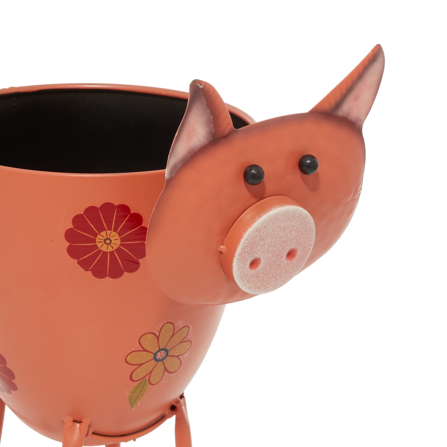 8" X 16" Indoor Outdoor Pink Metal Pig Planter with Floral Pattern Planter