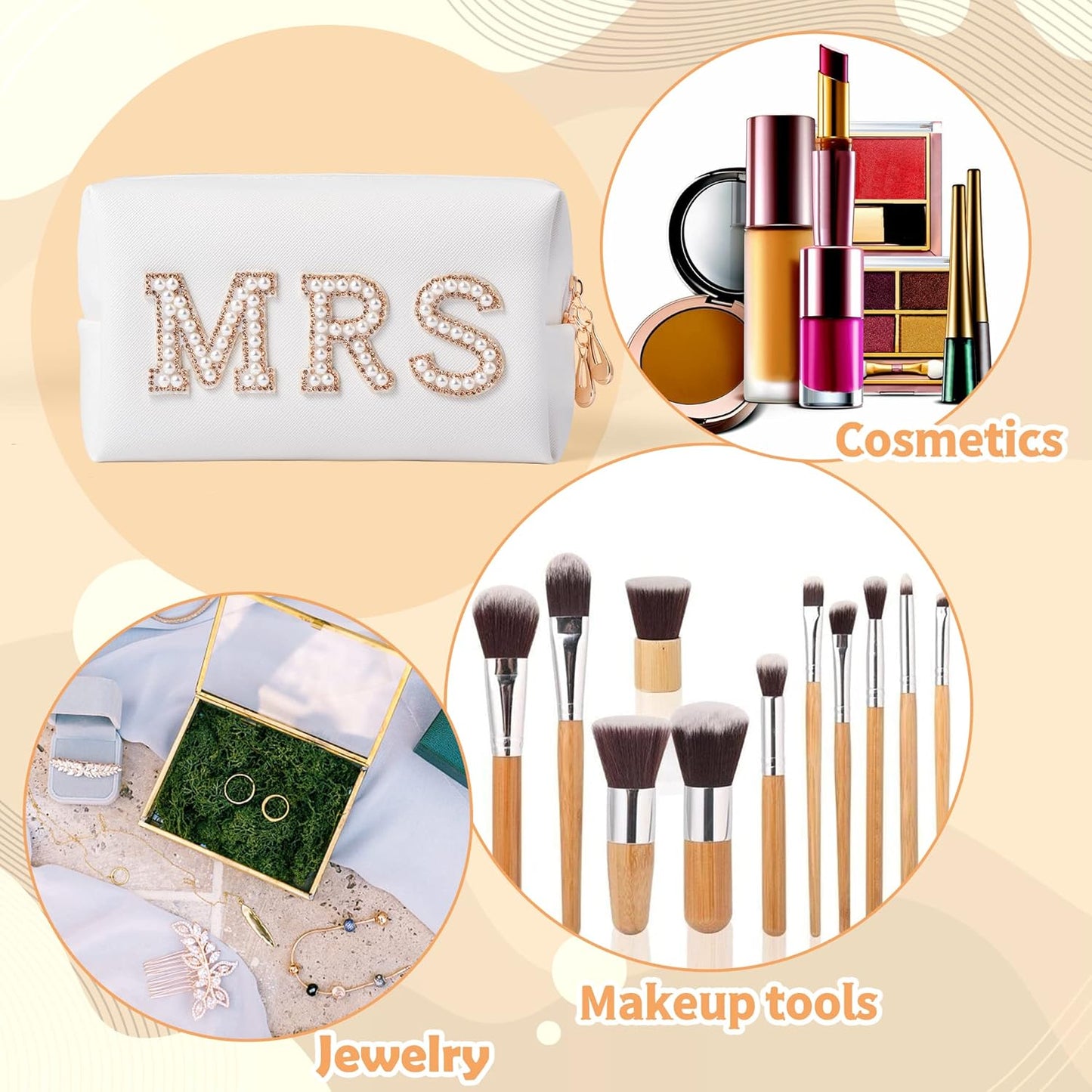Gold MRS Letter Patch Cosmetic Toiletry Bag Pearl Rhinestone Varsity, PU Leather Bride Makeup Bag Waterproof Portable Zipper Small Clutch Purse Travel Organizer for Women Girls