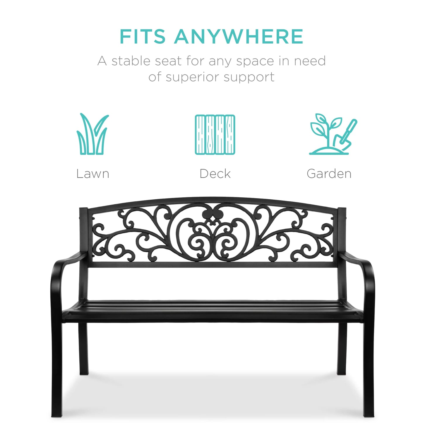 Outdoor Steel Bench Garden Patio Porch Furniture W/ Floral Design Backrest - Black
