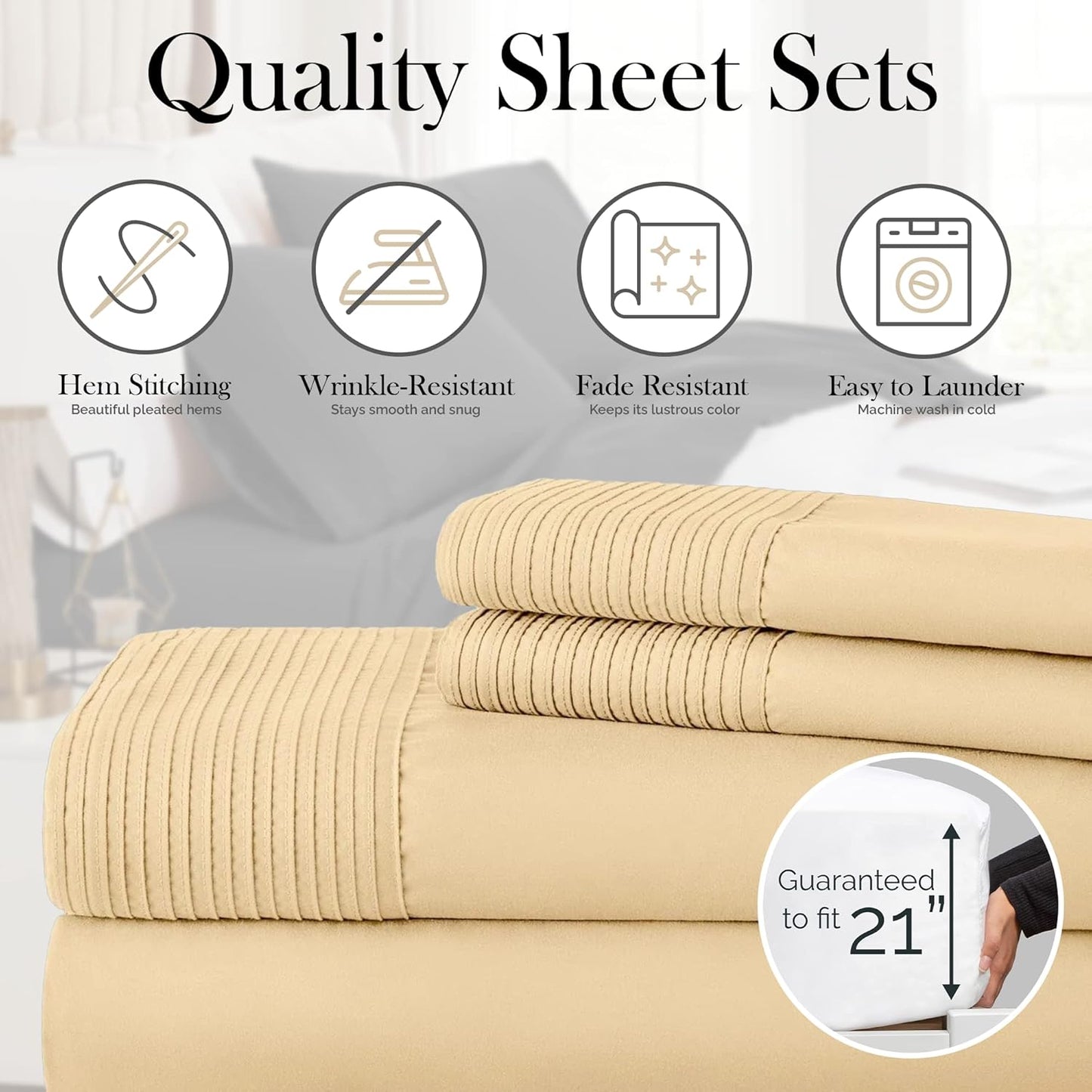 Deep Pocket Twin XL Sheet Set with 21" Deep Twin XL Fitted Sheet, with 1 Pillow Case Standard Size | Hotel Luxury Quality | Easy Care, No-Shrink Microfiber Sheets | Gold