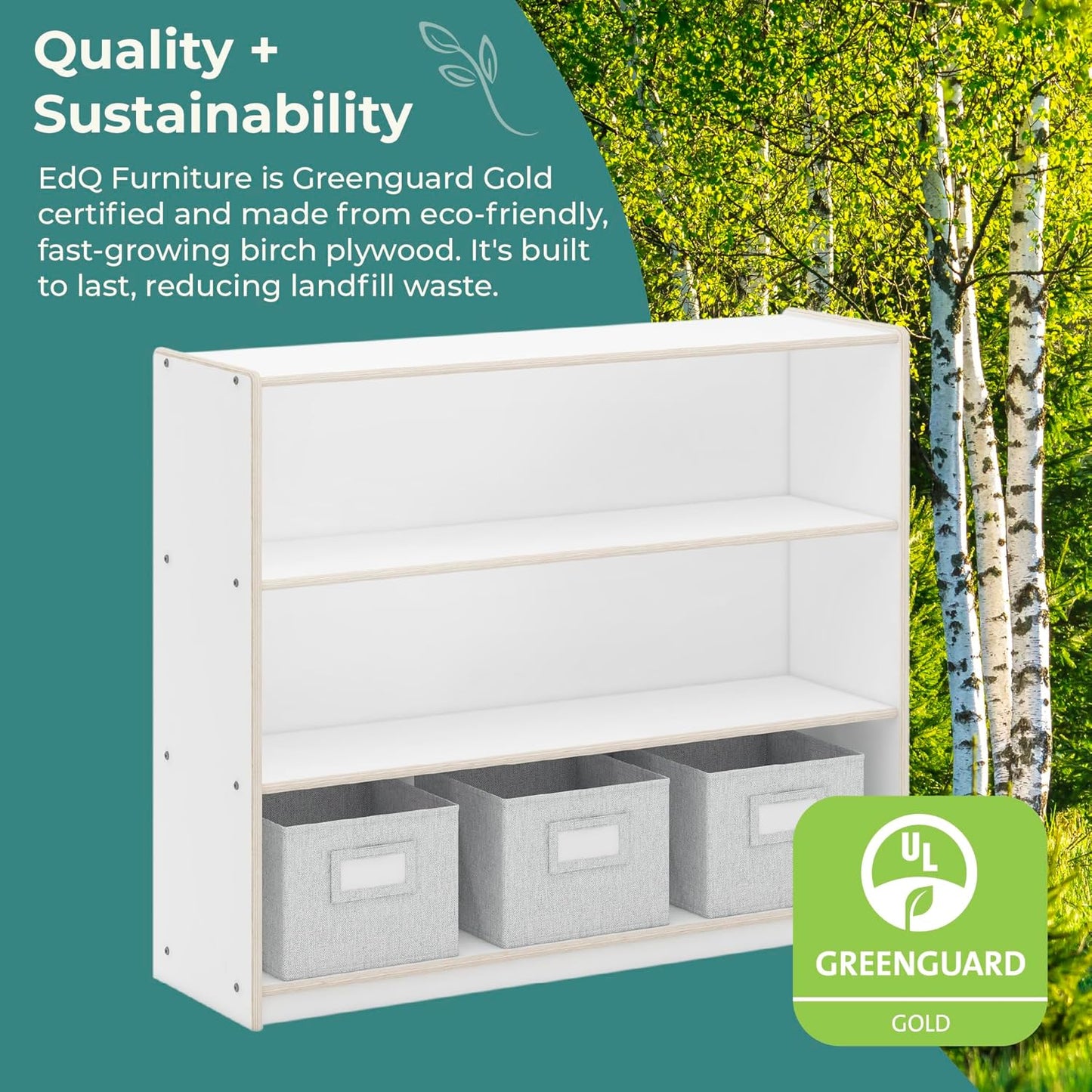 Edq Three Shelf Open Storage White with 3 Fabric Bins: Wood Bookshelf and Toy Organizer for Kids and Teachers; School Supply Furniture for Classrooms and Home
