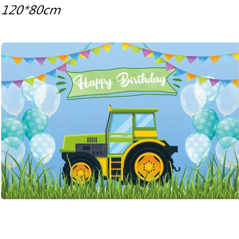 Farm Theme Green Tractor Inflatable Balloons Cake Topper Happy Birthday Party Decoration Kids Birthday Excavator Vehicle Banner