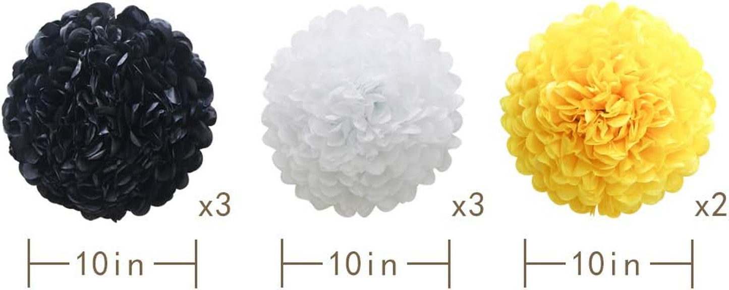 Yellow White Black Hanging Paper Party Decorations, round Paper Fans Set Paper Pom Poms Flowers for Bee Baby Shower Decorations Batman Birthday Party