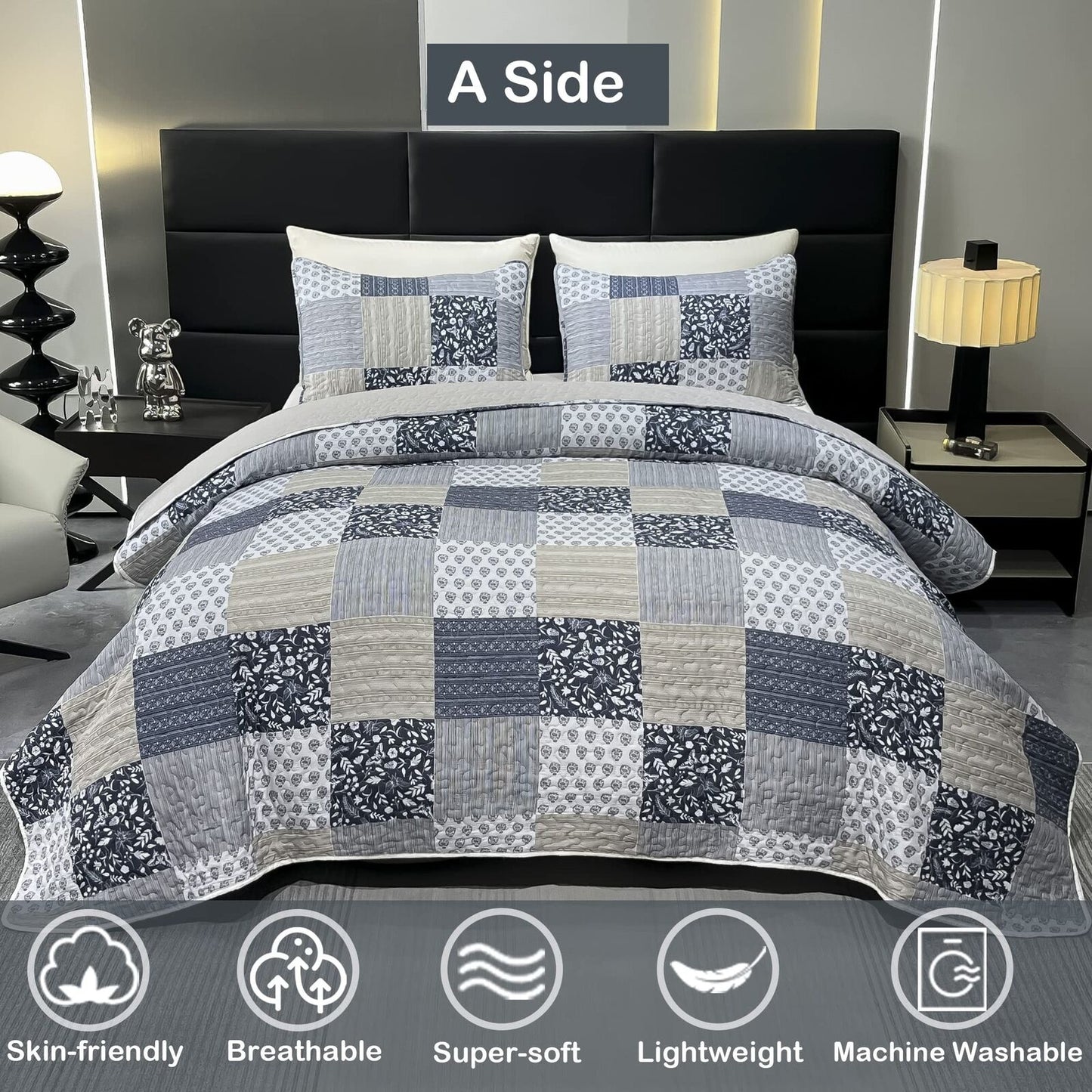 Oversized King Size Quilt Set 128X120 Grey Plaid Patchwork Extra Wide Super K...