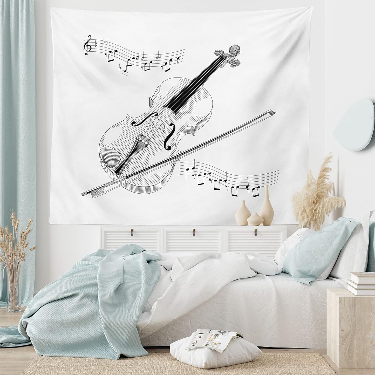 Violin Tapestry, Symphony Classical High Art Music Instrument Performing Cello Orchestra Print, Fabric Wall Hanging Decor for Bedroom Living Room Dorm, 45" X 30", Black and White
