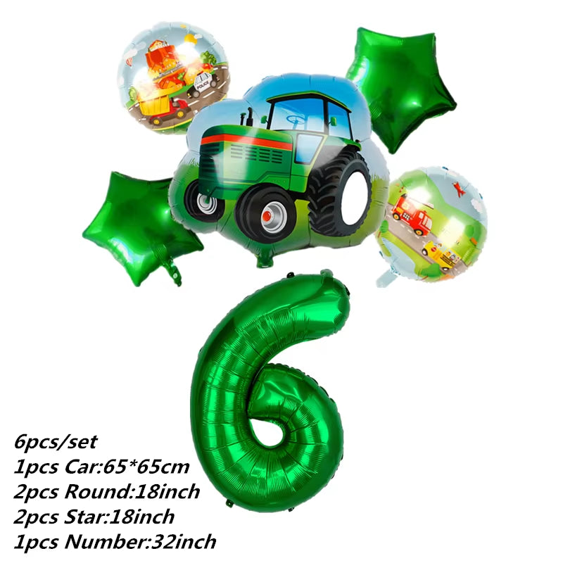 Farm Theme Green Tractor Inflatable Balloons Cake Topper Happy Birthday Party Decoration Kids Birthday Excavator Vehicle Banner