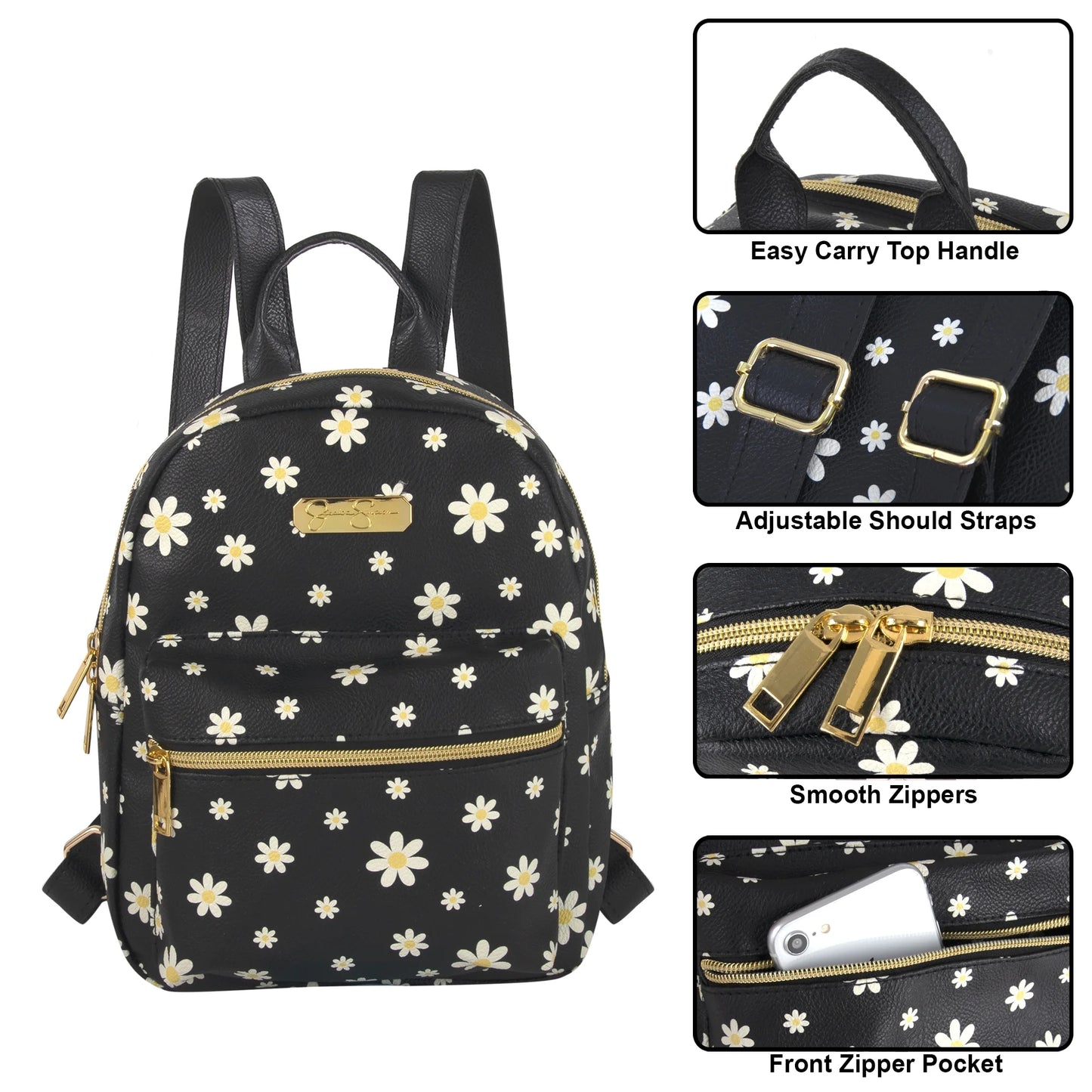 Mini Waterproof Vegan Leather Backpack for Women, Teens and Girls for Work, School, Recreation, Commuting & Traveling in Black Flowers