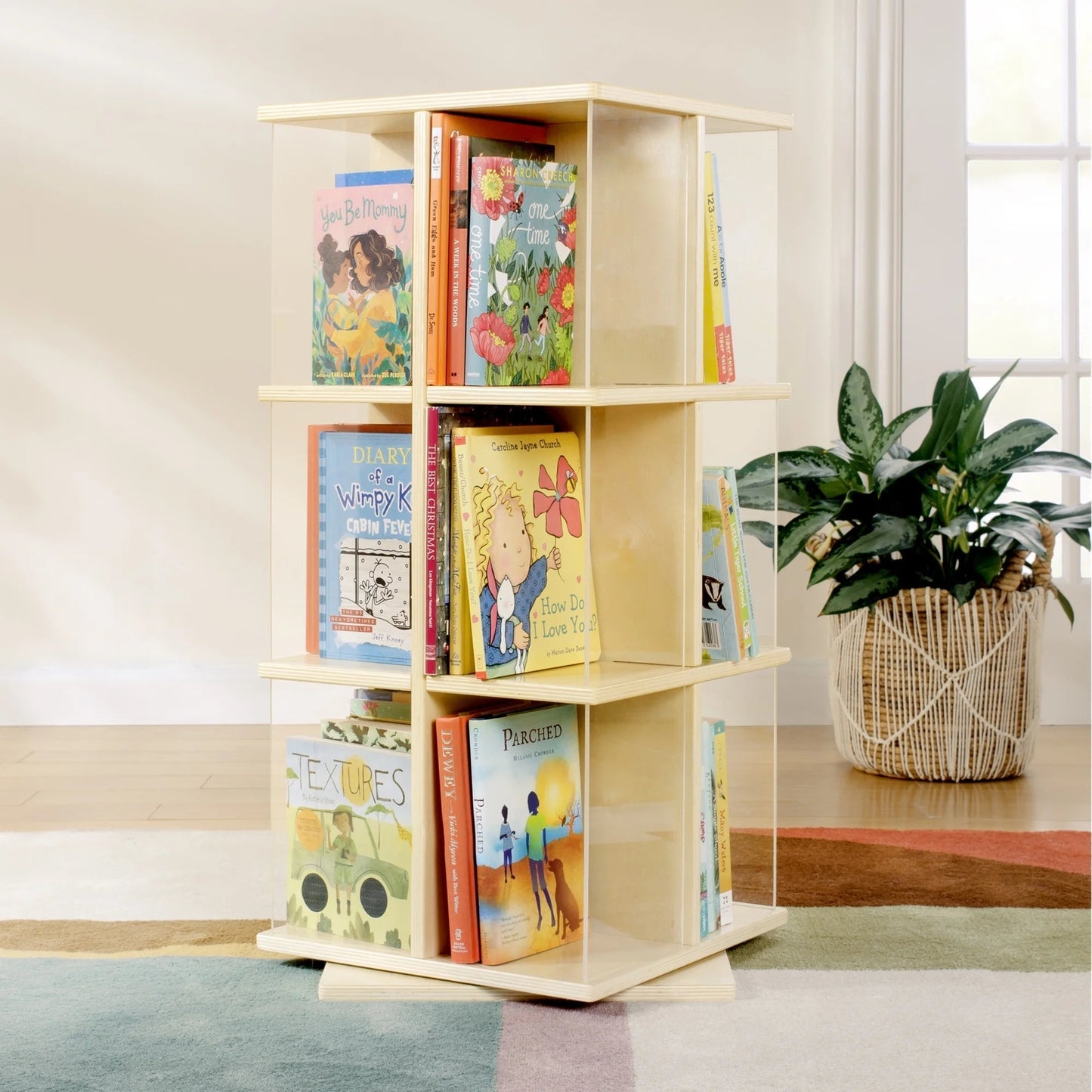 Edq Rotating 3 Tier Book Display - White: round Wooden Spinning Bookshelf Storage with Acrylic Shelves for Kids' Books