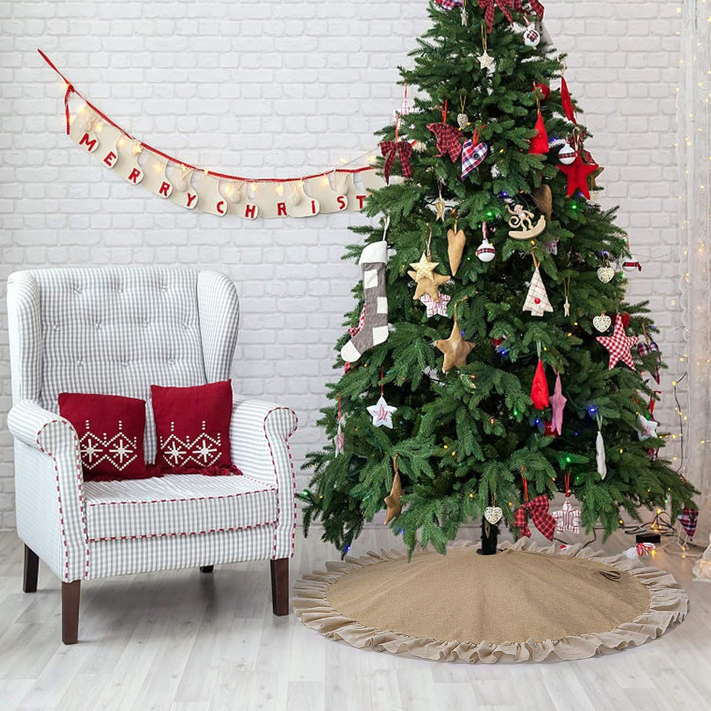 Burlap Christmas Fall Tree Skirt with Ruffle Border,48" Linen Rustic Tree Ornaments for Farmhouse Autumn Fall Christmas Decorations