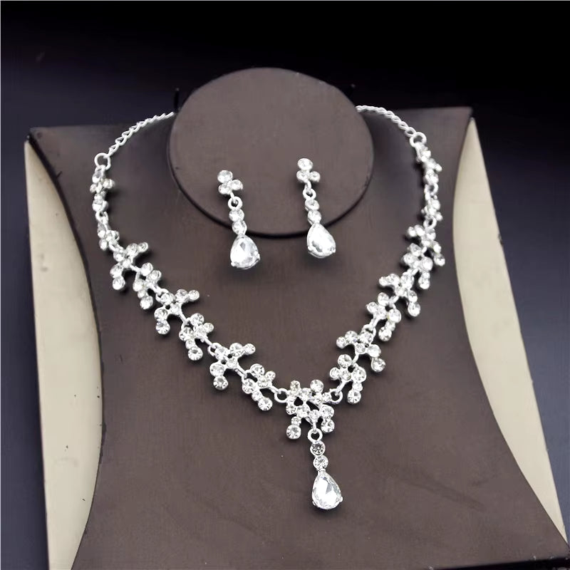 Luxury Crystal Bridal Jewelry Sets for Women Pink Tiaras Necklaces Earrings Set Bride Wedding Dress Birthday Crown Set Accessory